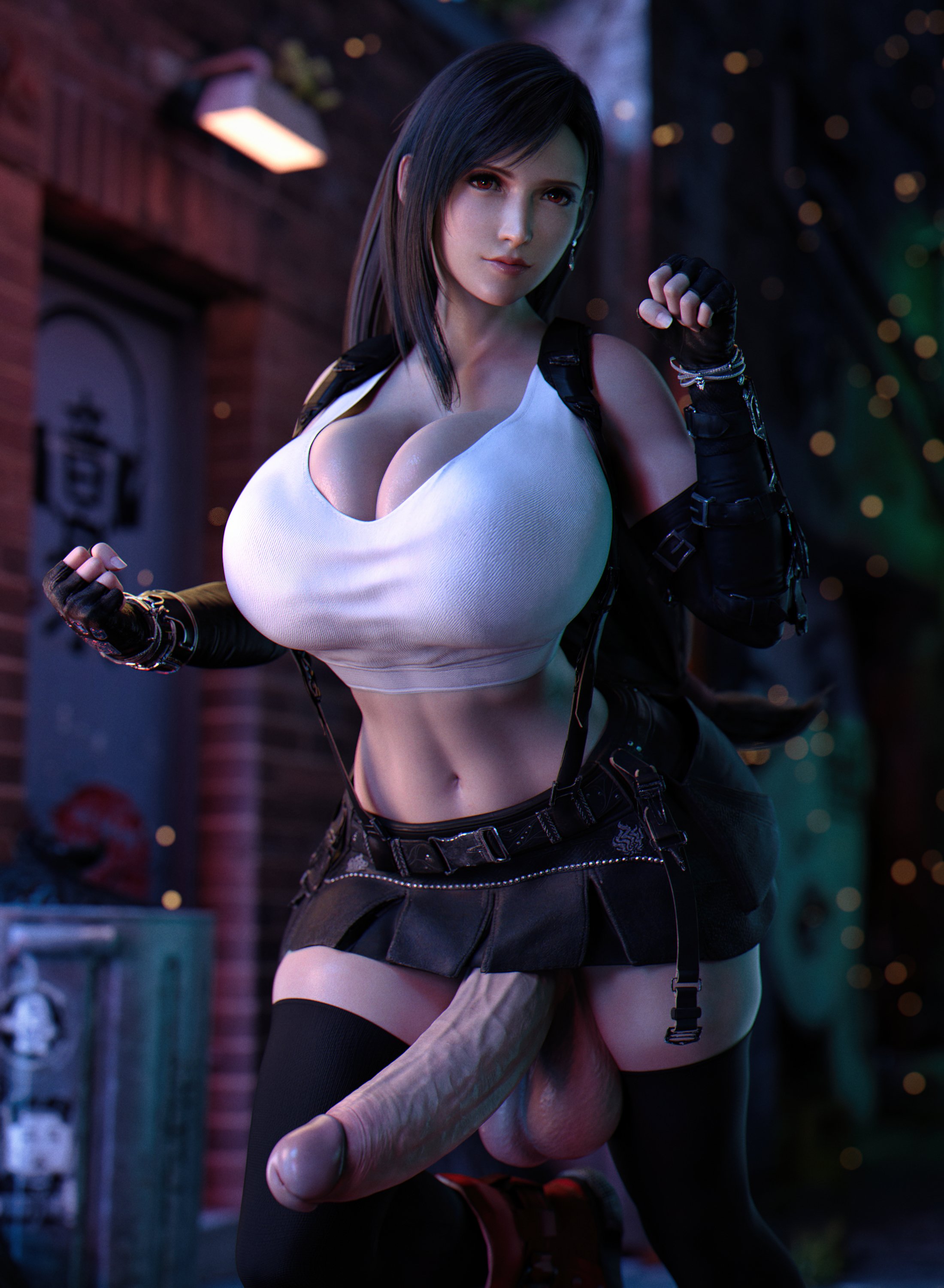 1futa, 3d, armwear, balls, belly, belly button, big breasts, big penis, black hair, breasts, casual, casual erection, casual exposure, casual nudity, cock, curves, curvy, dark hair, dick, dickgirl, erection, female, fighting stance, final fantasy, final fantasy vii, final fantasy vii remake, fit, fit futa, futa only, futanari, gloves, huge breasts, huge cock, human, ineffective clothing, ineffective skirt, intersex, large breasts, large penis, legwear, pale skin, penis, public, red eyes, skirt, sports bra, stevencarson, thick, thick thighs, thigh highs, thighhighs, thighs, tifa lockhart, tight clothing, toned, toned female, toned futa, tummy, veiny penis