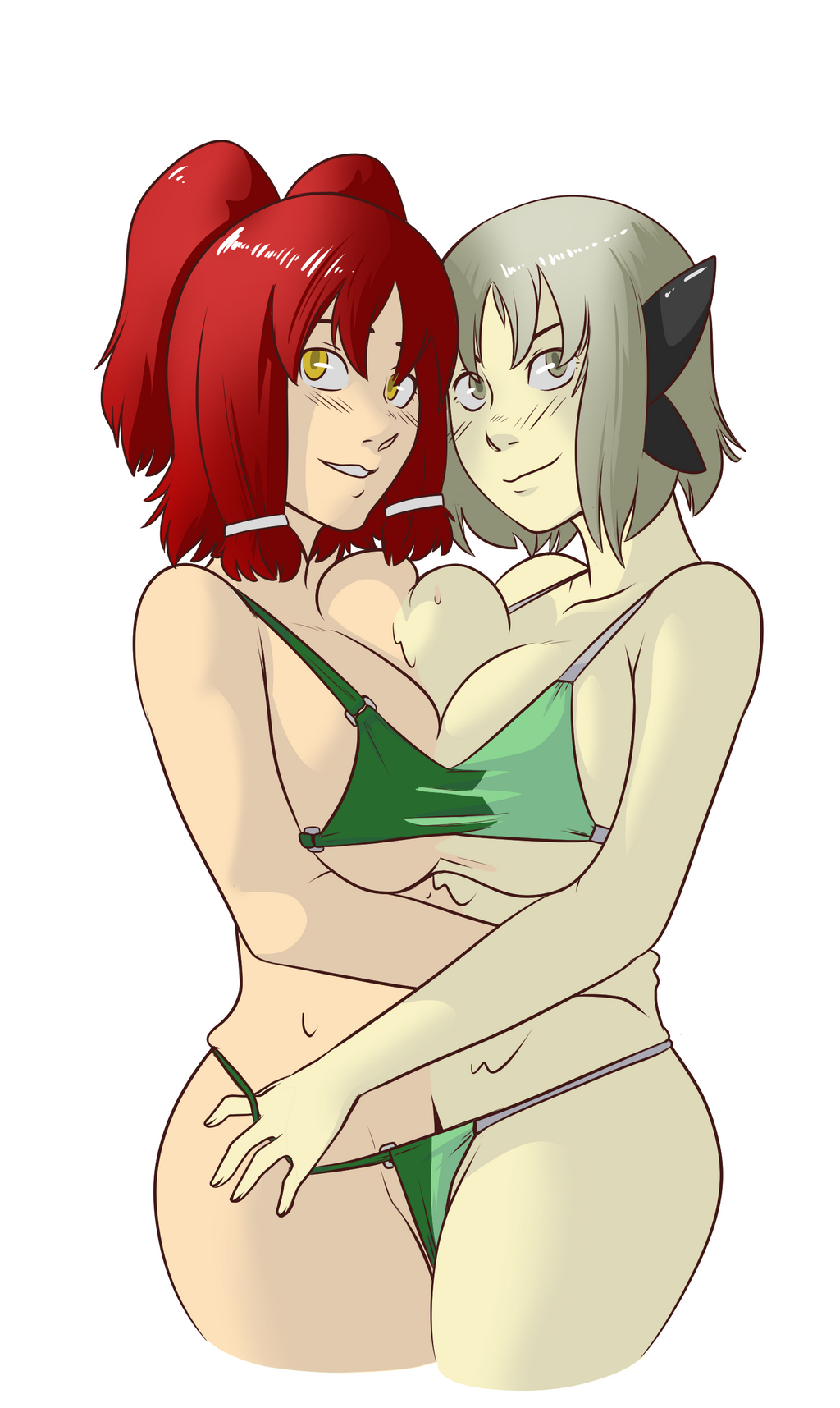 bikini cleavage conjoined fasen_(doodledowd) grey_hair idolmonkeh large_breasts maki_(mixedkori) merging red_hair short_hair transparent_background twintails yuri