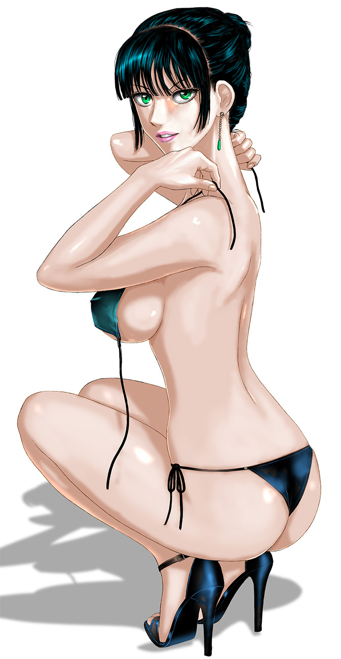 1girls, ass, back, back view, bangs, bare shoulders, big ass, big breasts, big butt, bikini, bikini bottom, bikini top, bikini top undone, breasts, bubble ass, bubble butt, busty, crouching, curvaceous, curvy, curvy body, curvy female, curvy figure, dark green hair, dark hair, earrings, eye contact, eyelashes, feet, female, female focus, female only, fringe, fringe hair, fubuki (one-punch man), full body, green eyes, green hair, heels, heroine, hips, legs, legs together, light skin, light-skinned female, lips, lipstick, looking at viewer, male, neck, one-punch man, penis, pink lips, pink lipstick, presenting, presenting breasts, presenting penis, shiny skin, shoes, side view, sideboob, slim, slim waist, smile, smiling at viewer, solo, solo female, solo focus, teasing, thick, thick penis, thick thighs, thighs, thin waist, tied hair, toes, toned, toned back, toned body, toned female, undressing, voluptuous, waist, white background, wide hips