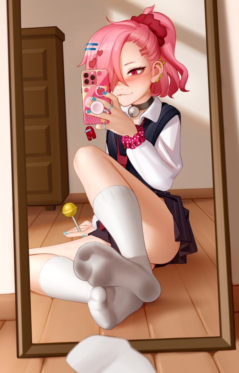 1girls, among us, ass, biting lip, biting own lip, clothed, clothed female, dirty feet, dirty socks, feet, feet visible through clothing, female, foot fetish, glass, hair over one eye, kairuhentai, kairunoburogu, lollipop, mirror, mirror selfie, phone, pink hair, ponytail, reflection, school uniform, selfie, sitting, skirt, smartphone, socks, soles of feet in socks, solo, solo female, taking picture, toes visible through clothing