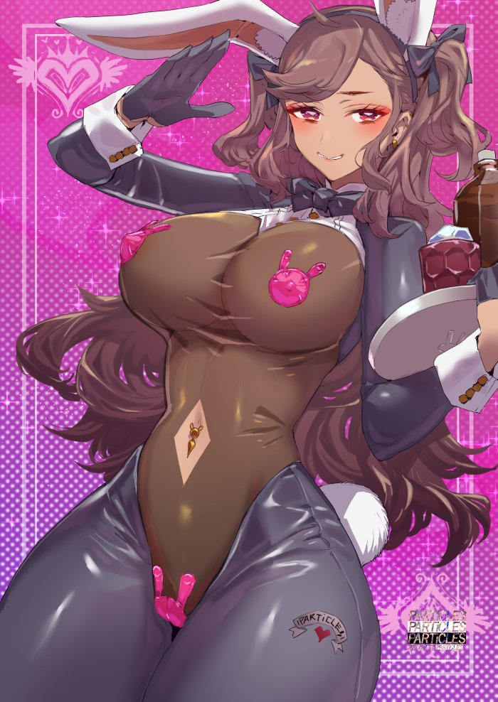 1girls alcohol animal_ears armwear bangs bare_breasts belly_button belly_button_piercing big_breasts black_gloves bodysuit breasts brown_hair bunny_ears bunny_girl bunny_tail bunnysuit curvaceous dark-skinned_female dark_skin ear_piercing ear_tuft earrings eyebrows_visible_through_hair eyeshadow female female_focus female_only front_view functionally_nude functionally_nude_female gloves hair_ornament hair_ribbon headwear highleg holding_object large_breasts legwear long_hair long_sleeves looking_at_viewer maid midriff navel navel_line nipple_bulge nipples original partially_nude particles_(artist) pasties red_eyes revealing_clothes reverse_bunnysuit ribbon ribbons see-through_clothing simple_background skimpy skimpy_clothes slim_waist smile sole_female solo solo_female solo_focus standing tagme thick_thighs thighs thunder_thighs tight_clothing transparent_clothing twintails waitress wide_hips