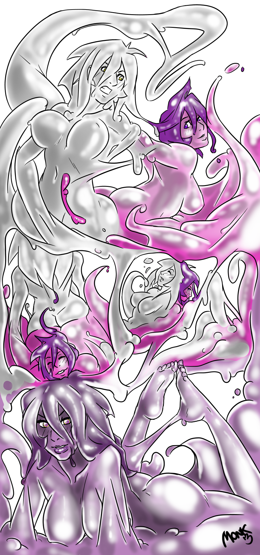 artist_signature ass ass_to_ass big_breasts comic feet fusion goo goo_girl idolmonkeh katie_(spacecrater) melding_liquids merging nipples pink_hair pink_skin reluctant signature silver_hair silver_skin slime_girl transparent_background zinc_(idolmonkeh)