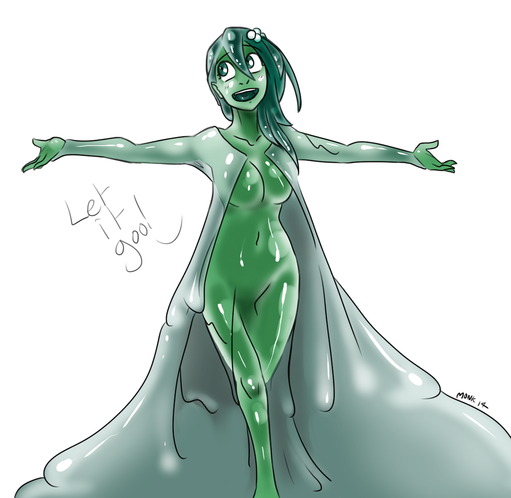 cosplay dulee_(doodledowd) green_hair green_skin idolmonkeh nude open_clothes slime_girl smile