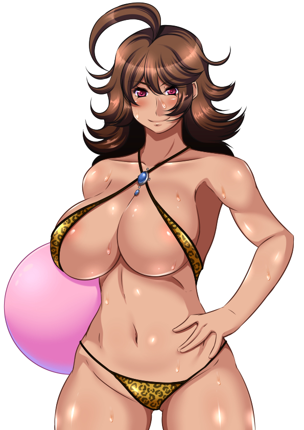 2022 ahoge alternate_costume barely_visible_genitalia bikini bikini_bottom bikini_top breasts brown_hair danganronpa danganronpa_2:_goodbye_despair danganronpa_s:_ultimate_summer_camp female_only large_breasts leopard leopard_print leopard_print_bikini myougi_kuraganosuke owari_akane red_eyes skimpy_bikini straight_hair super_danganronpa_2 sweat tanned tanned_female tanned_skin white_background