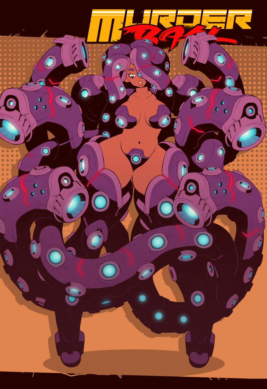 1girls abstract_background belly_button big_breasts blue_light breasts cybernetics cyborg dark-skinned_female dark_skin eyelashes female female_only hi_res lysol_jones one_eye_obstructed original original_character robotic_tentacles tentacle tentacles thick_thighs voluptuous wide_hips