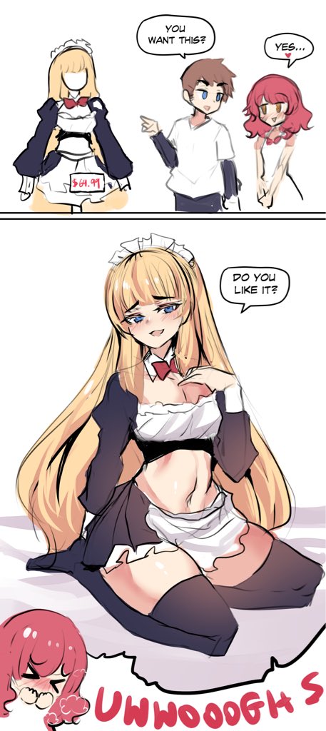 1boy, 1other, 2koma, ambiguous gender, big breasts, blonde hair, breasts, brown hair, comic, couple, crossdressing, female, femboy, hinghoi, maid, maid headdress, maid uniform, male, original, red hair, tagme, trap, white background