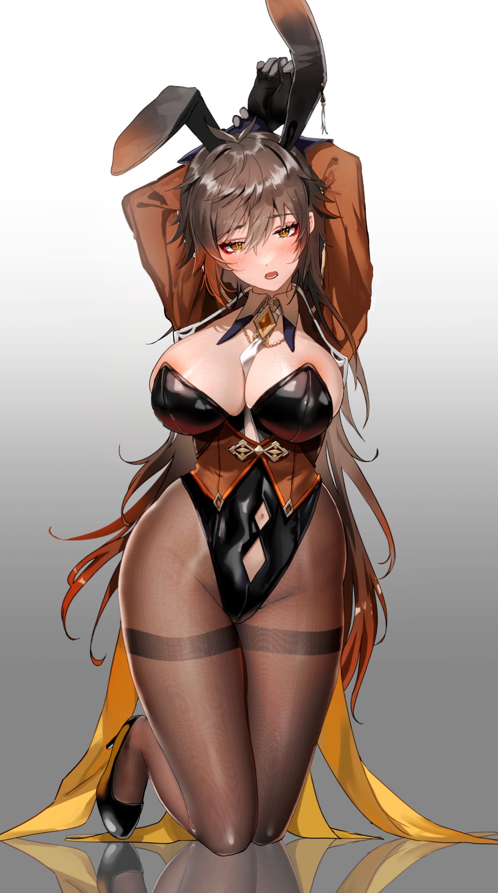 big_breasts bunnysuit crossgender genderswap genderswap_(mtf) genshin_impact mtf_crossgender multicolored_hair nam76num neckwear rule_63 wide_hips yavalley zhongli_(genshin_impact) zhongli_jiejie