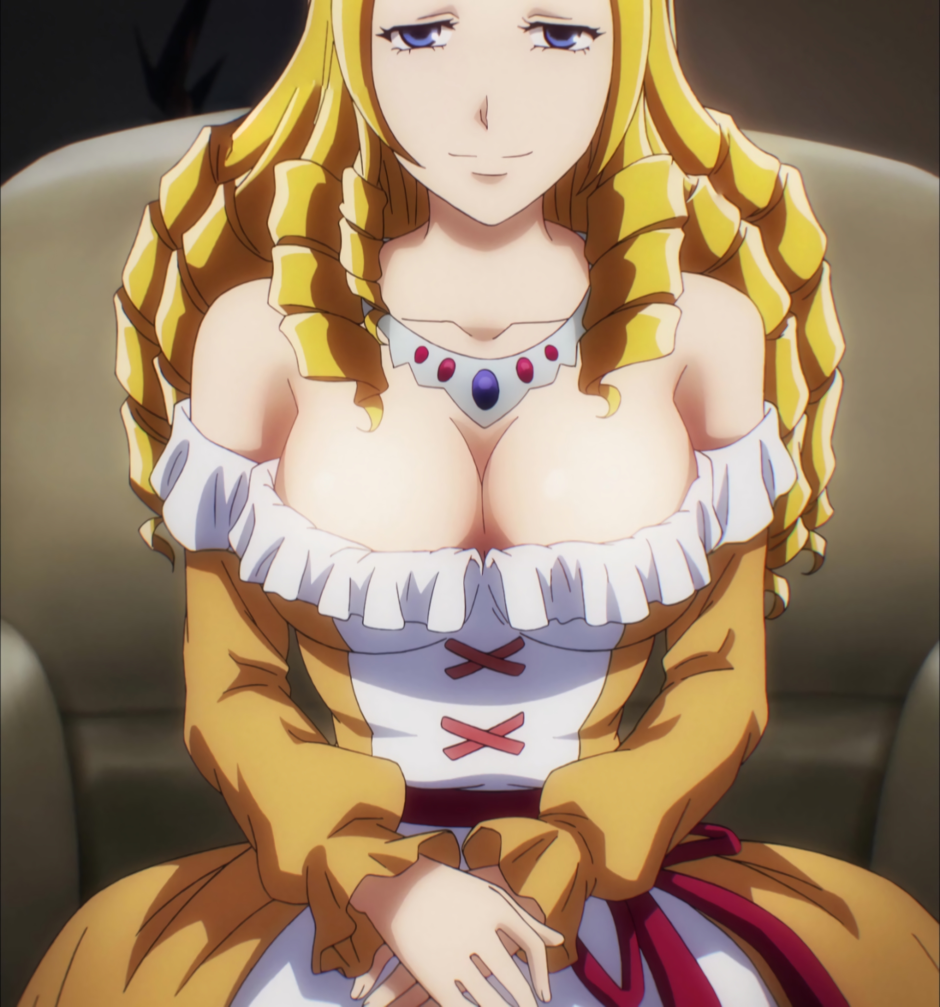 blonde female, blonde hair, blue eyes, breasts, cleavage, dress, female, female only, high resolution, large breasts, overlord (maruyama), screen capture, sitting, smile, solo, solo female, solution epsilon, stitched