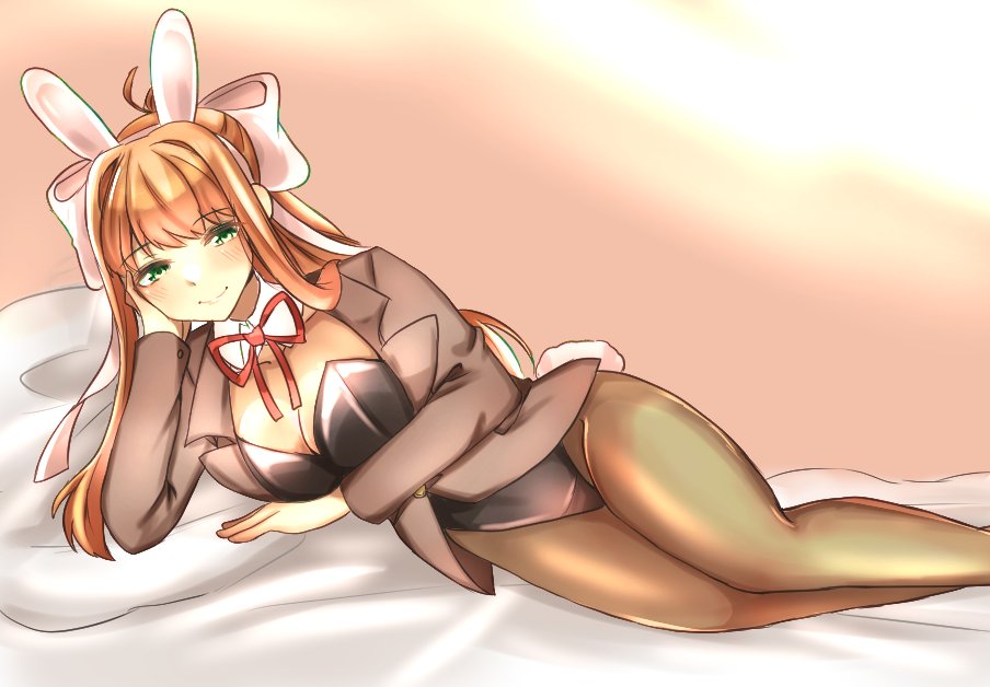 bed, black bunny ears, black bunnysuit, bow, brown hair, bunny, bunny ears, bunny girl, bunny tail, bunnysuit, doki doki literature club, female, green eyes, looking at viewer, lying down, lying on bed, lying on side, makyousk (artist), monika (doki doki literature club), smiling, smiling at viewer, white bow