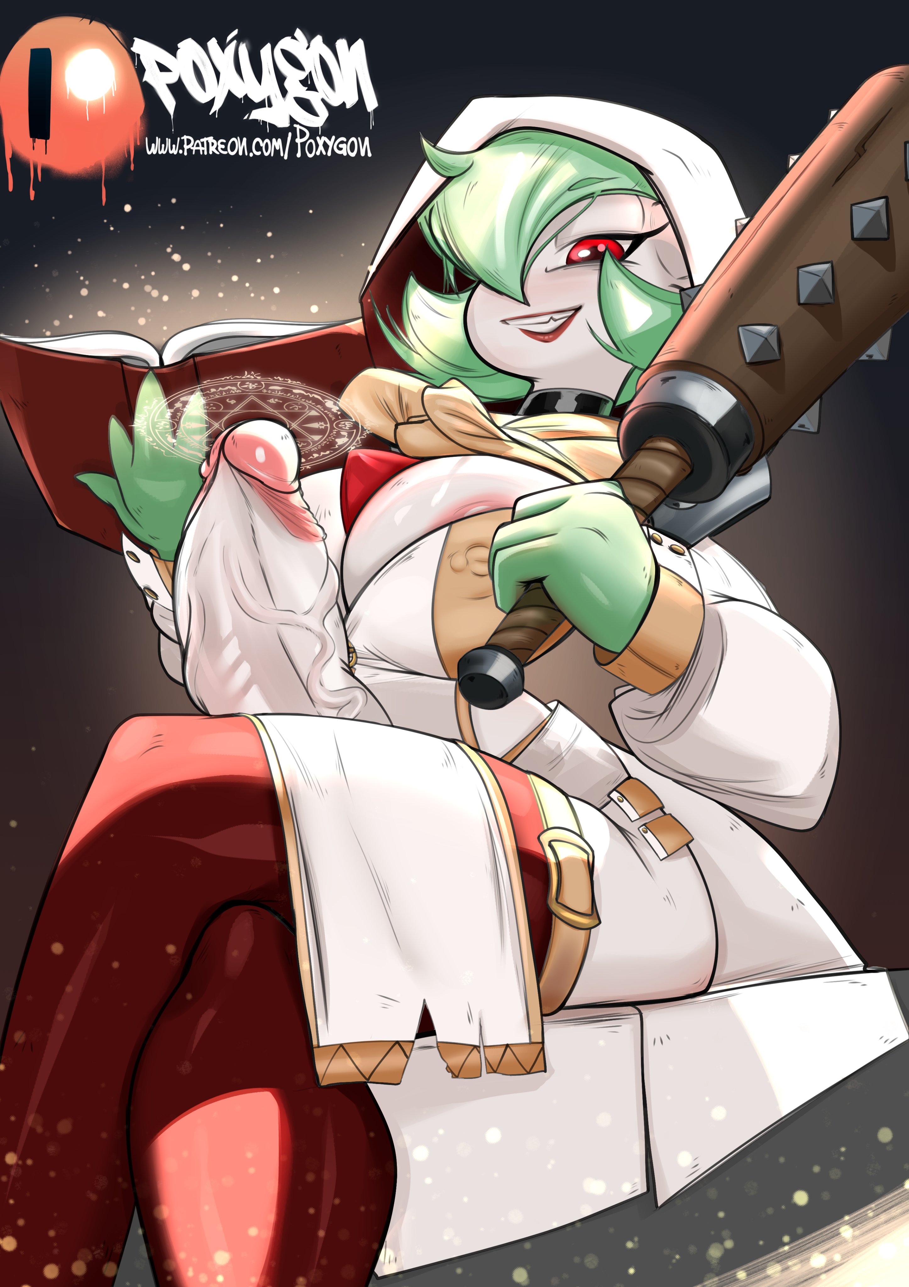 1futa, alternate version available, areola slip, areolae, areolae slip, big breasts, book, breasts, clothed, clothing, club, erection, futa only, futanari, gardevoir, green hair, huge cock, humanoid, humanoid penis, intersex, looking at viewer, looking down, magic, magic circle, magic user, mostly clothed, nipples, penis, penis out, pokémon (species), pokemon, pokemon (species), poxygon, sitting, solo, thighhighs