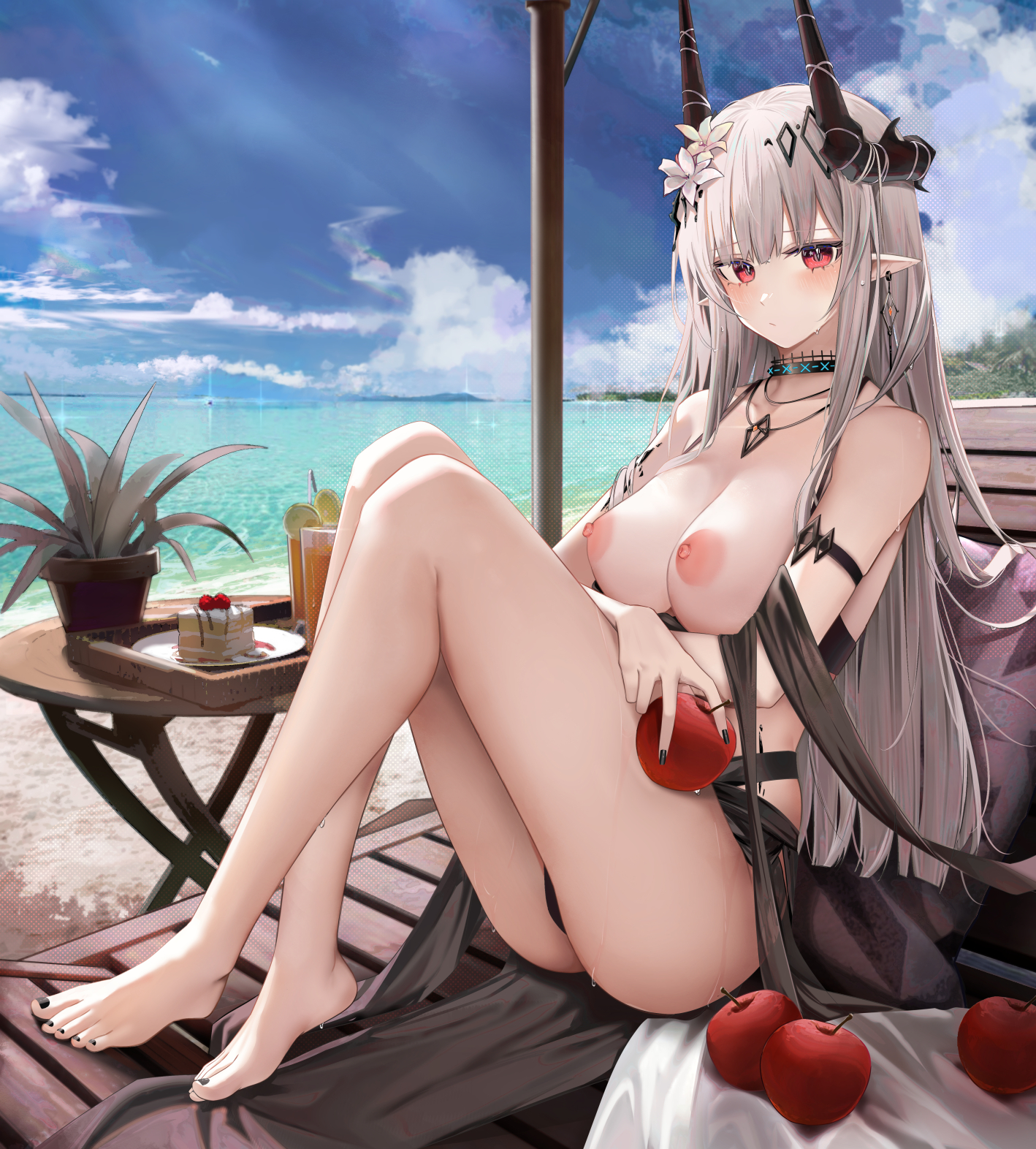 apple, arknights, arm strap, bangs, barefoot, beach, black choker, black nails, blush, breasts, cake, cake slice, casual nudity, casual topless, choker, cleavage, closed mouth, feet, female, flower, food, fruit, full body, grey hair, hair flower, hair ornament, highres, horns, jewelry, large breasts, long hair, looking at viewer, mudrock (arknights), mudrock (silent night) (arknights), nail polish, necklace, nipples, nonsexual, nonsexual nudity, official alternate costume, outdoors, pale skin, pointy ears, red eyes, ru zhai, sitting, sky, solo, thighs, toes, topless, water