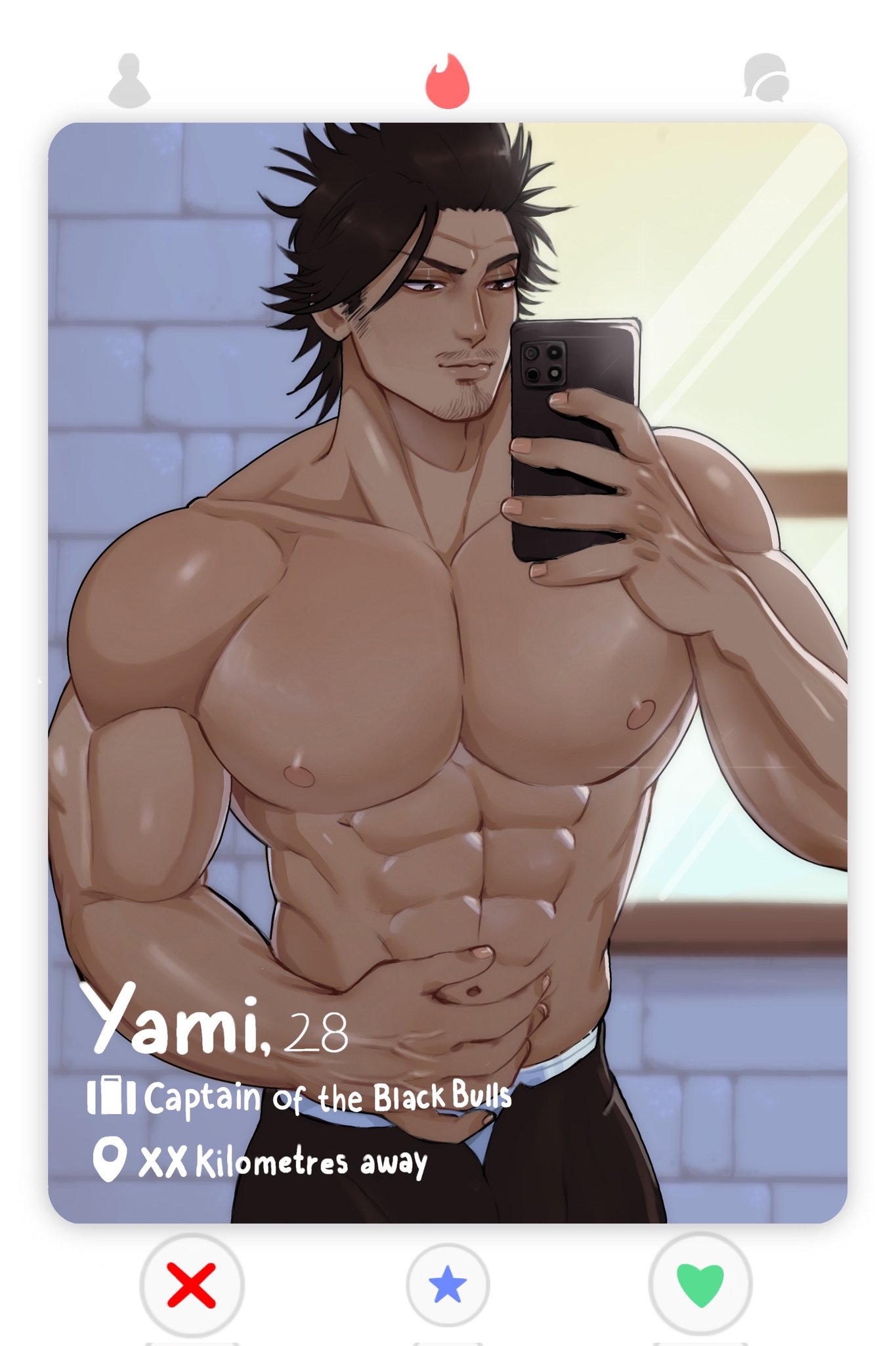 1boy, black clover, bolloxxxz, facial hair, male, male focus, male only, muscles, muscular, muscular male, posing, profile, selfie, tinder (app), unzipped pants, yami sukehiro