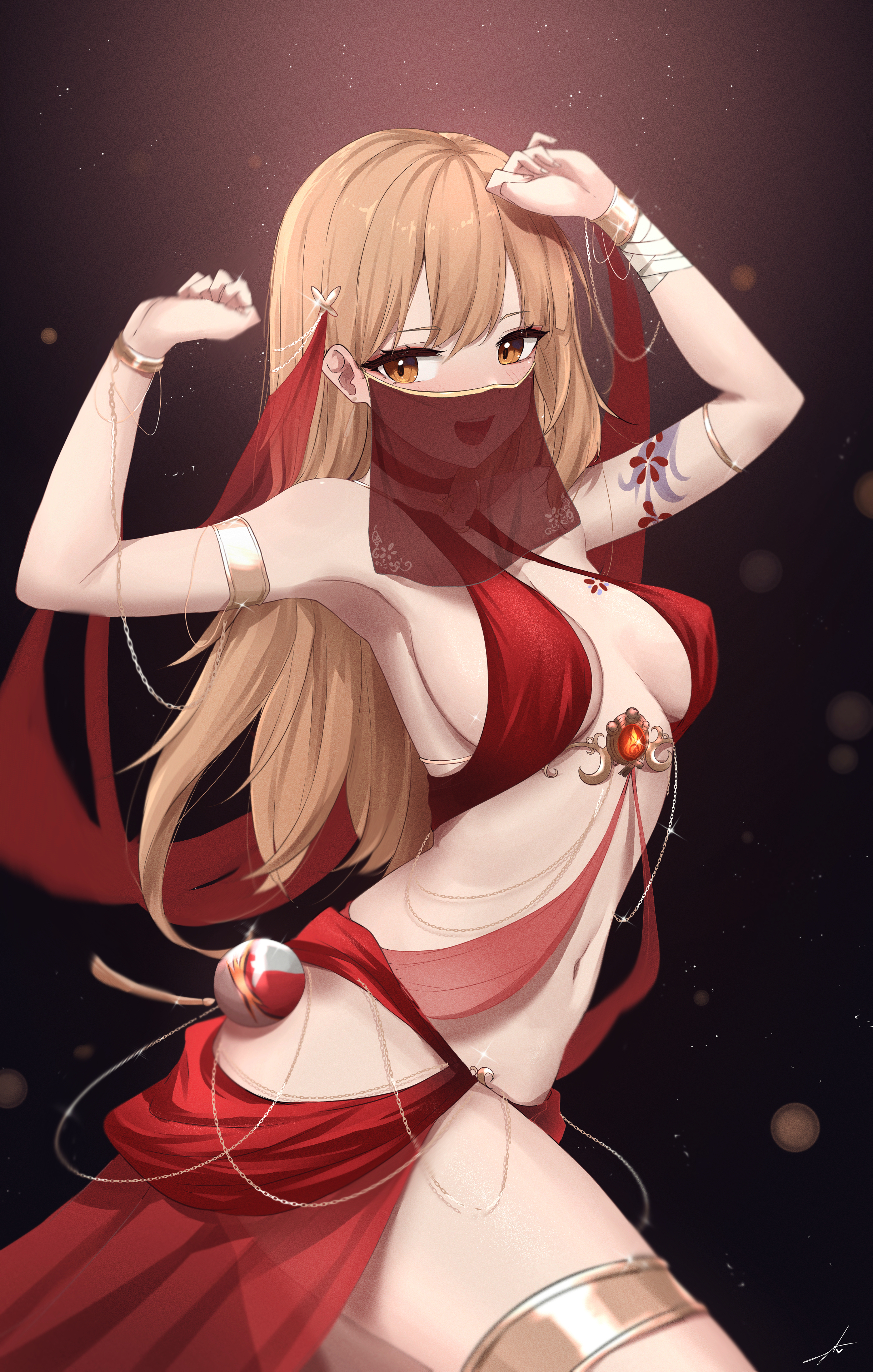 1girls, arabian clothes, armpits, arms up, bare shoulders, belly button, belly dancer, belly dancer outfit, big breasts, blonde female, blonde hair, blush, breasts, dancer, dancer outfit, feintheart721, female, genshin impact, harem girl, harem outfit, hi res, jewelry, midriff, mouth veil, orange eyes, sideboob, skirt, smile, yoimiya (genshin impact)