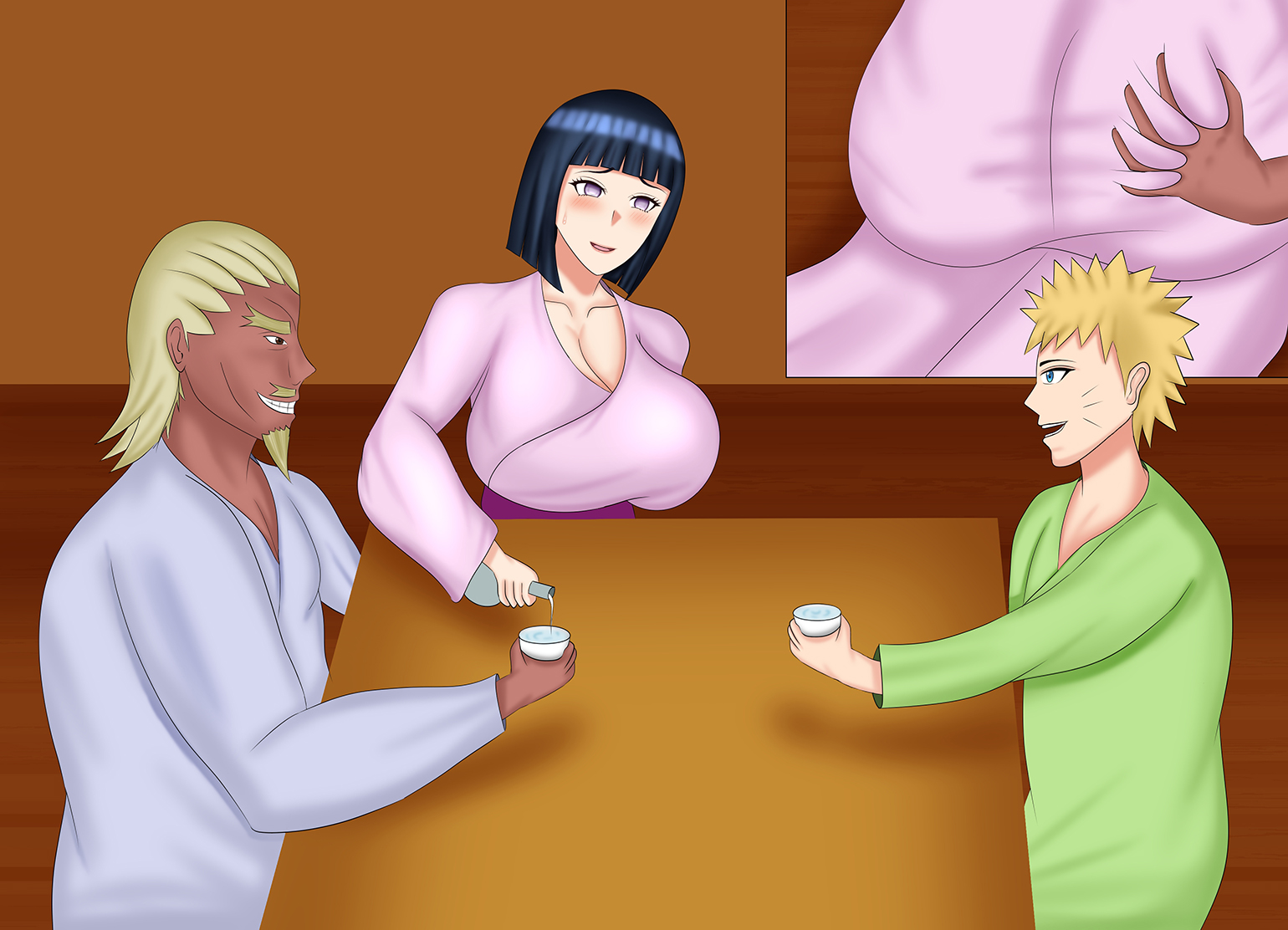 1girls, 2boys, asian, asian clothing, ass, ass grab, beard, big ass, big breasts, big butt, black eyes, blonde hair, blue eyes, blue hair, blush, bob cut, boruto: naruto next generations, breasts, bubble ass, bubble butt, busty, cheating, cheating wife, cleavage, clothed, clothing, comic, cornrows, couple, cuckold, curvaceous, curvy, curvy female, curvy figure, dark skin, dark-skinned male, drinking, drinking glass, facial hair, facial markings, female, fully clothed, grope, groping, groping ass, hand on ass, husband and wife, hyuuga hinata, indoors, interracial, jackey (artist), kneeling, large ass, large breasts, light skin, light-skinned female, light-skinned male, male, male/female, mature, mature female, medium hair, milf, moustache, naruto, naruto (series), netorare, ntr, on knees, pale skin, pale-skinned female, pale-skinned male, purple eyes, raikage, shoulder length hair, shounen jump, sitting, stealth ass grab, stealth sex, story, straight, uzumaki hinata, uzumaki naruto, voluptuous, whisker markings, whiskers, yellow hair, yukata
