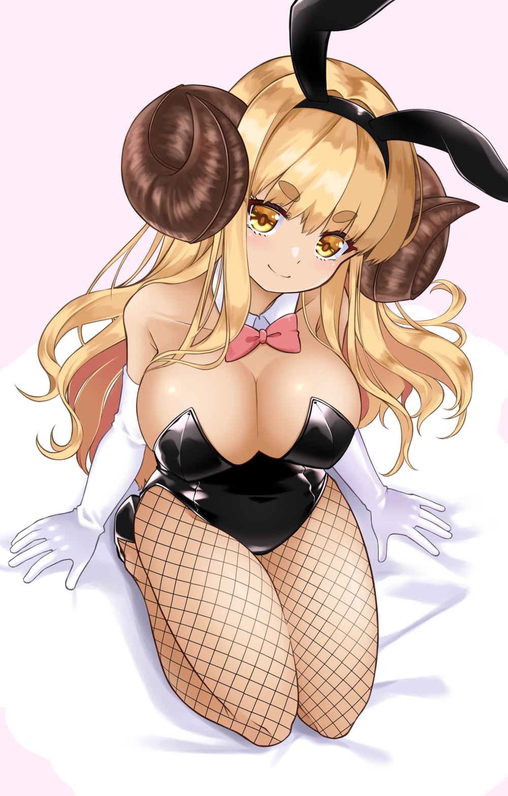 anila_(granblue_fantasy) bare_shoulders big_breasts blonde_hair breasts bunny_ears bunny_girl bunnysuit eyebrows_visible_through_hair gin_(shioyude) granblue_fantasy horn kneeling ribbons tagme thick_thighs