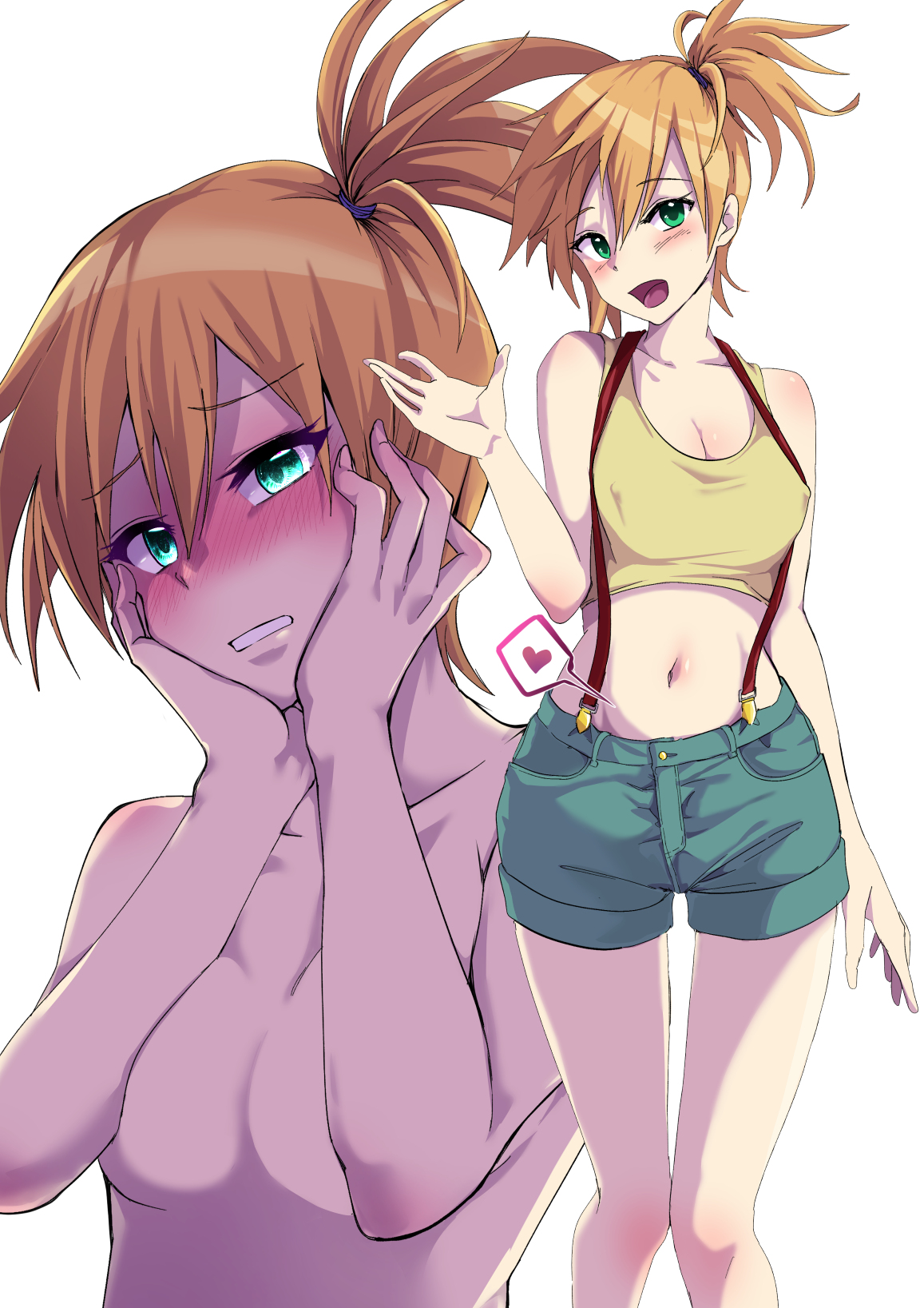 1girls, aged up, asymmetrical hair, blush, breasts, creatures (company), denim, denim shorts, eyelashes, female, game freak, green eyes, gym leader, hair between eyes, hair tie, heart, highres, kasumi (pokemon), looking at viewer, medium breasts, muscular, navel, nintendo, nipples, nude, older, open mouth, orange hair, pokemon, pokemon (anime), pokemon (classic anime), pokemon (game), pokemon rgby, ponytail, shirt, short hair, short shorts, shorts, side ponytail, skinny, smile, solo, stomach, suspenders, tank top, tied hair, toiro gawon, yellow shirt, yellow tank top