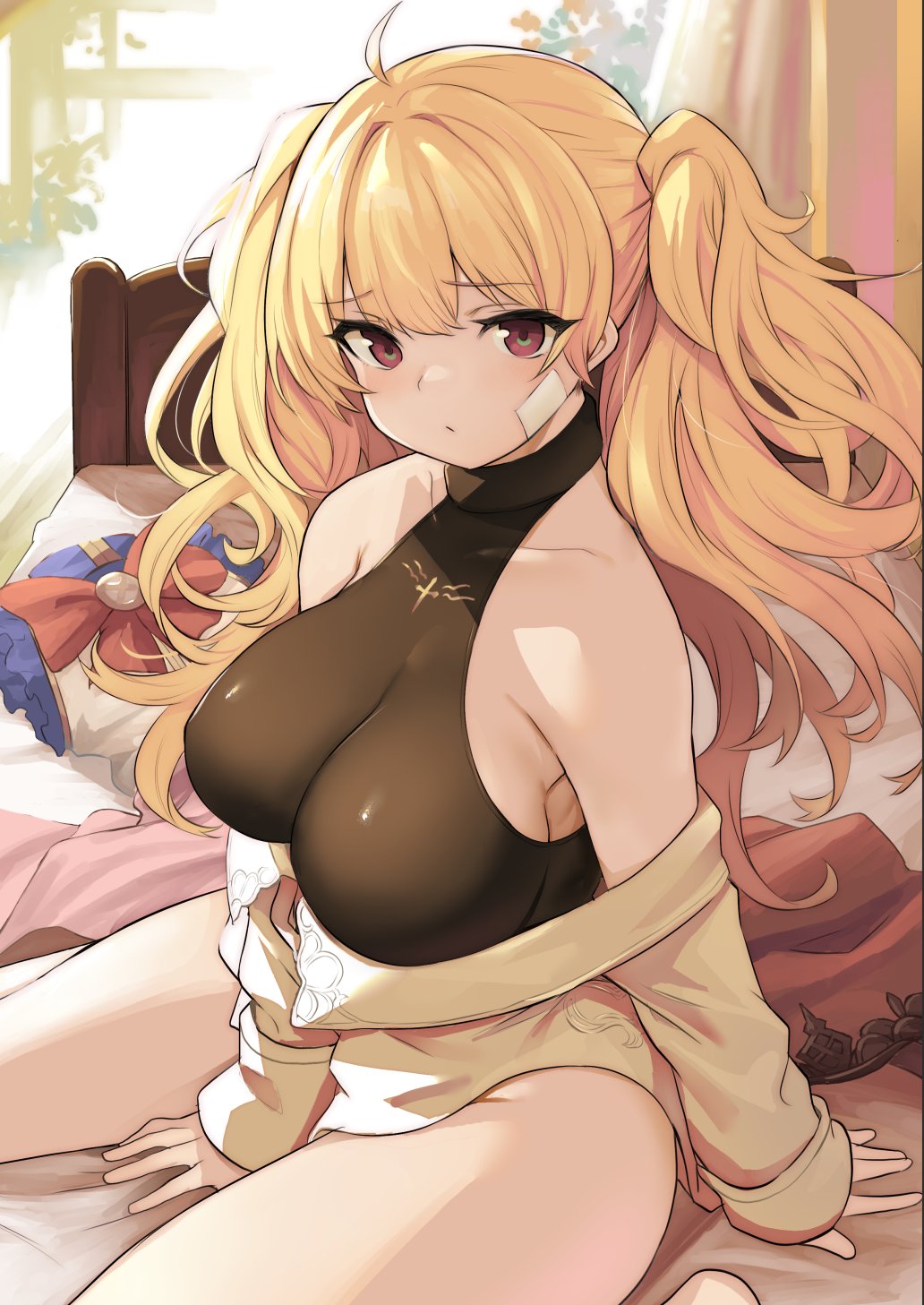 1girls ahoge bandaid bandaid_on_face bangs bare_shoulders big_breasts black_shirt blonde_female blonde_hair blush breasts brown_eyes collarbone female granblue_fantasy highres kztk large_breasts long_hair long_sleeves looking_at_viewer monika_weisswind off_shoulder shirt sitting sleeveless sleeveless_shirt solo tagme thighs twintails wavy_hair white_shirt