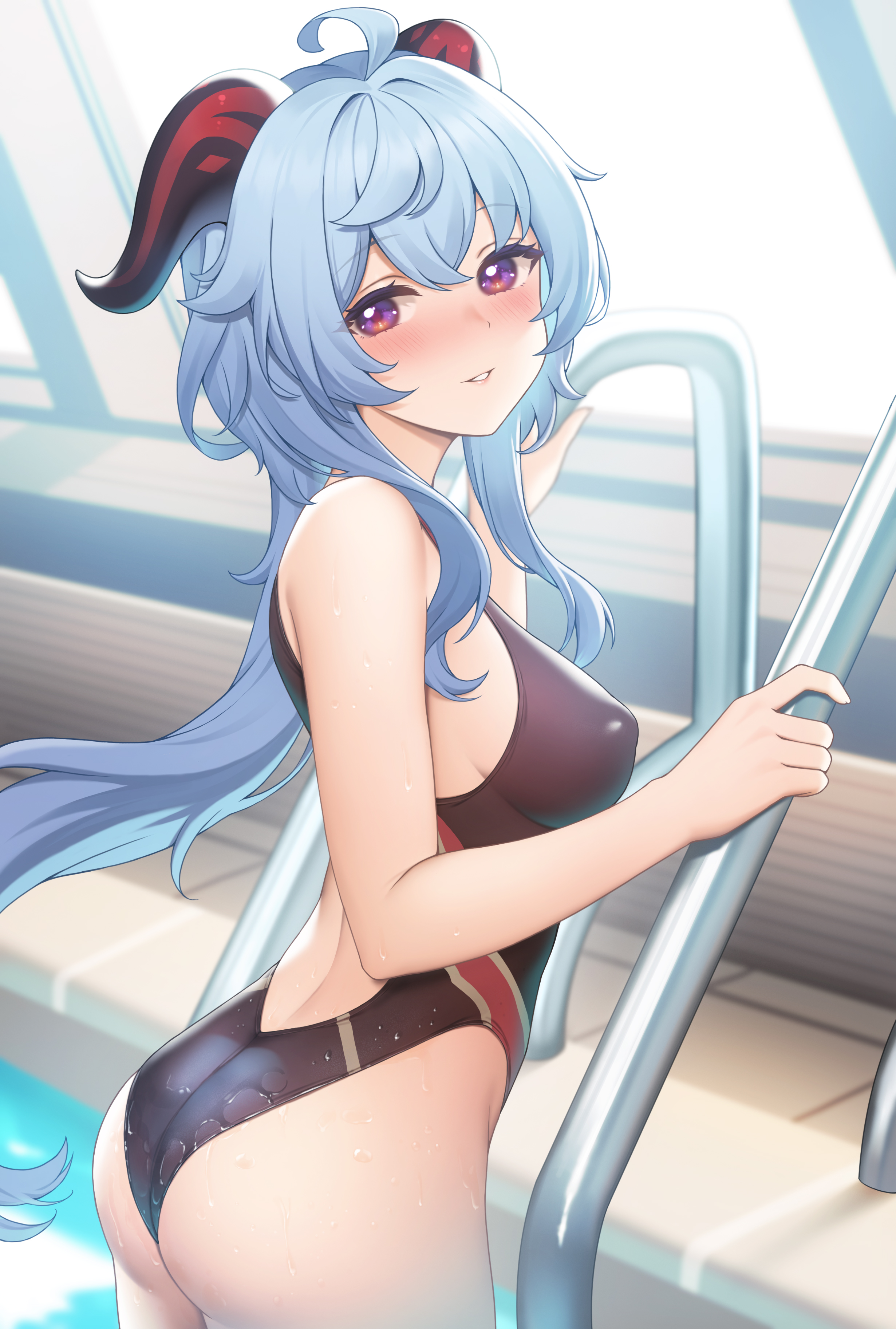 ass, breasts, erect nipples, female, fukuro ko (greentea), ganyu (genshin impact), genshin impact, horn, nipples, one-piece swimsuit, sideboob, swimsuit, wet