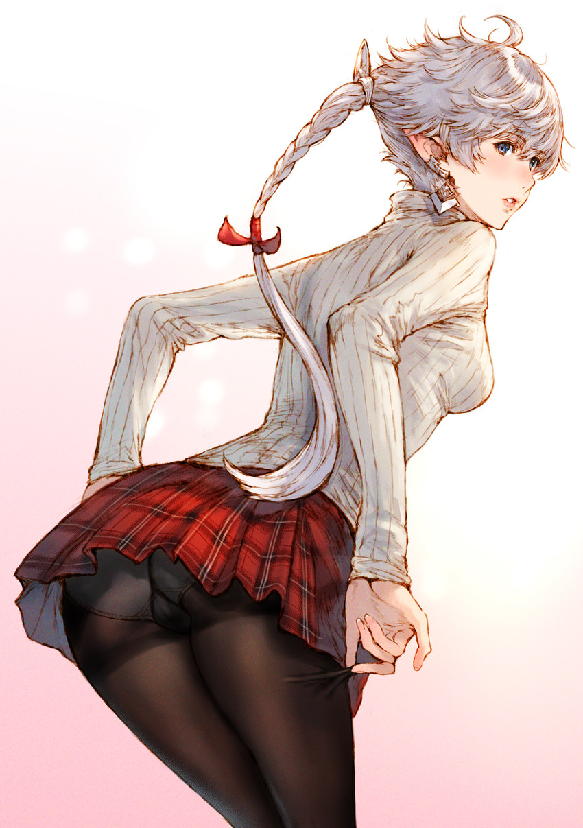 1girls, ahoge, alisaie leveilleur, ass, black pantyhose, blue eyes, blush, braid, breasts, earrings, elezen, elf, elf ears, elf female, elf girl, female, final fantasy, final fantasy xiv, gusset, highres, jewelry, light skin, light-skinned female, long hair, looking at viewer, makimura shunsuke, pale skin, pale-skinned female, panties, panties under pantyhose, pantyshot, parted lips, plaid, plaid skirt, pointy ears, red skin, solo, square enix, sweater, thighband pantyhose, turtleneck, underwear, white hair, white sweater