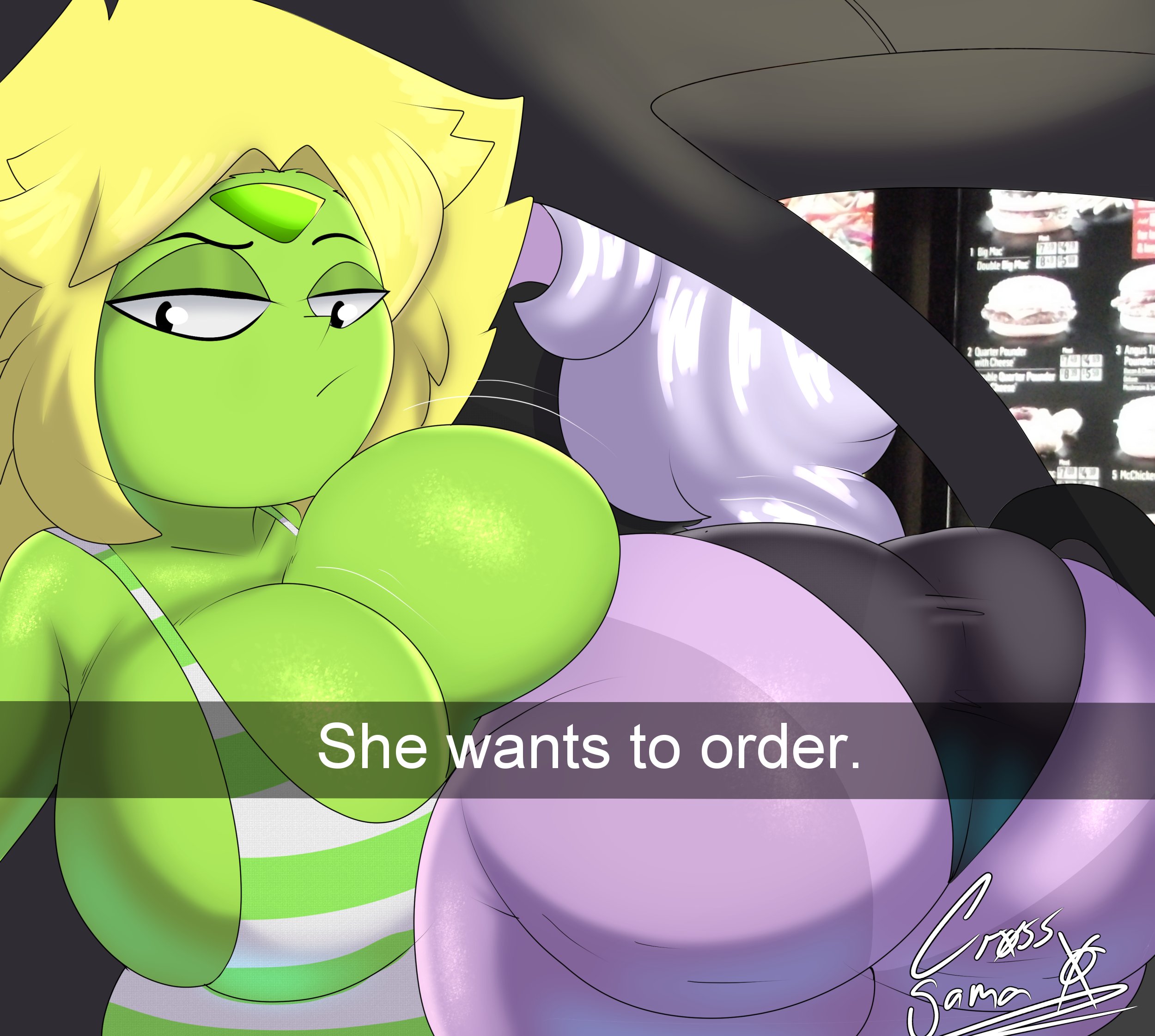 2girls, amethyst (steven universe), ass, bent over, big ass, big breasts, big butt, bottom heavy, breasts, bubble ass, bubble butt, busty, caption, car, cartoon network, cartoon network studios, cleavage, clothing, cross samax, fat ass, fat butt, female, female only, gem (species), green skin, he wants to order, huge ass, huge breasts, huge butt, large ass, large breasts, large butt, looking at viewer, meme, ordering food, panties, pantylines, peridot (steven universe), purple skin, selfie, shirt, shortstack, steven universe, steven universe future, tanline, thick ass, thick thighs, top heavy, vehicle, wide hips