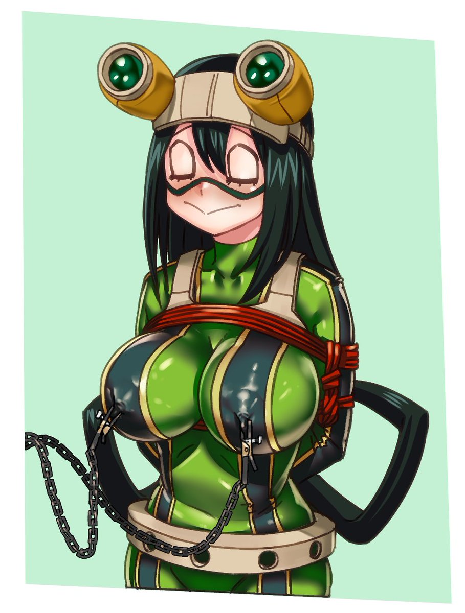 1girls, arms behind back, arms tied, arms tied behind back, big breasts, bondage, bound, bound arms, breasts, chains, closed eyes, female, female only, femsub, green hair, hair between eyes, hero outfit (mha), large breasts, latex, latex suit, my hero academia, nipple chain, nipple clamps, nipple pinch, nipple play, nipples visible through clothing, pokies, rope, rope bondage, shibayamamohu, submissive, submissive female, tsuyu asui