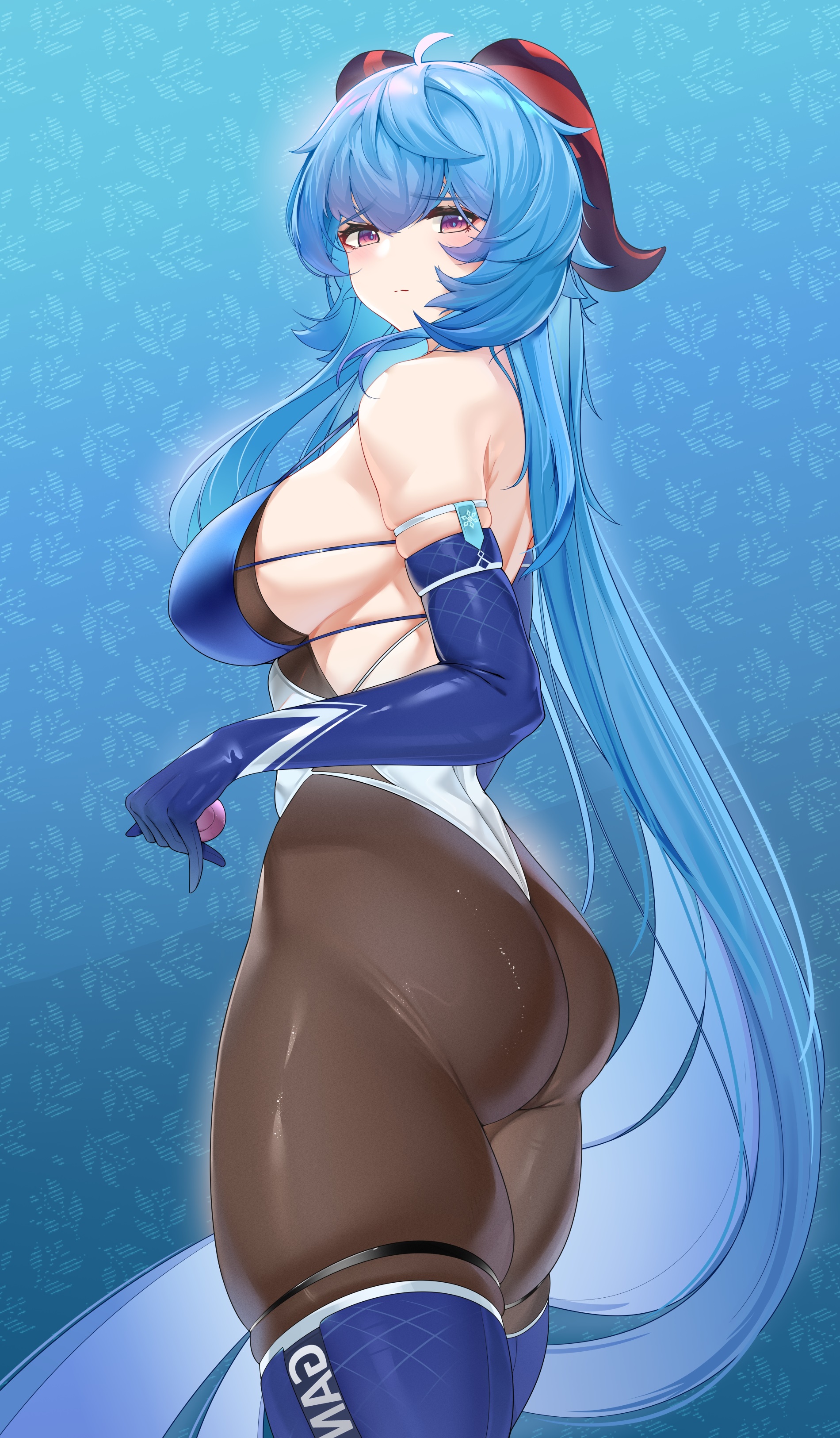 absurdres, ahoge, ass, bangs, bare shoulders, bell, blue hair, blush, breasts, female, ganyu (genshin impact), genshin impact, highres, horns, large breasts, long hair, looking at viewer, lv1021787418, purple eyes, race queen, sideboob, solo
