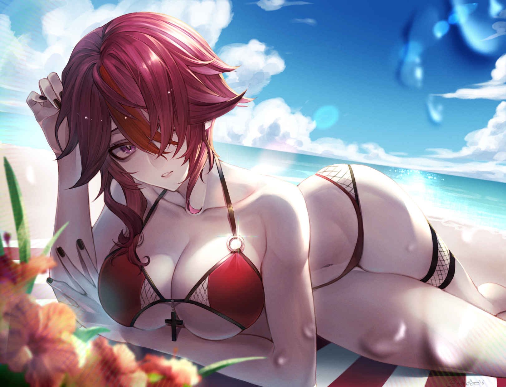 1girls, beach, breasts, busty, cleavage, cross, curvy, female, fishnets, genshin impact, hair over one eye, hi res, human, kokollet31, large breasts, looking at viewer, mature female, nail polish, navel, nun, o-ring, o-ring bikini, ocean, purple eyes, red bikini, red hair, rosaria (genshin impact), sky, tagme, thick thighs, underboob, voluptuous, white skin, wide hips