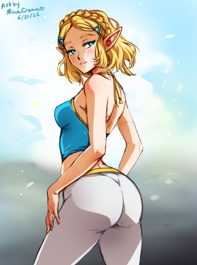 1girls, 2022, ass, back, bare back, big ass, blonde hair, blue eyes, breasts, breath of the wild, clothed female, female, female only, looking back, minacream, nintendo, pants, pointy ears, princess zelda, short hair, small breasts, smile, solo, tears of the kingdom, the legend of zelda, thighs, zelda (tears of the kingdom)