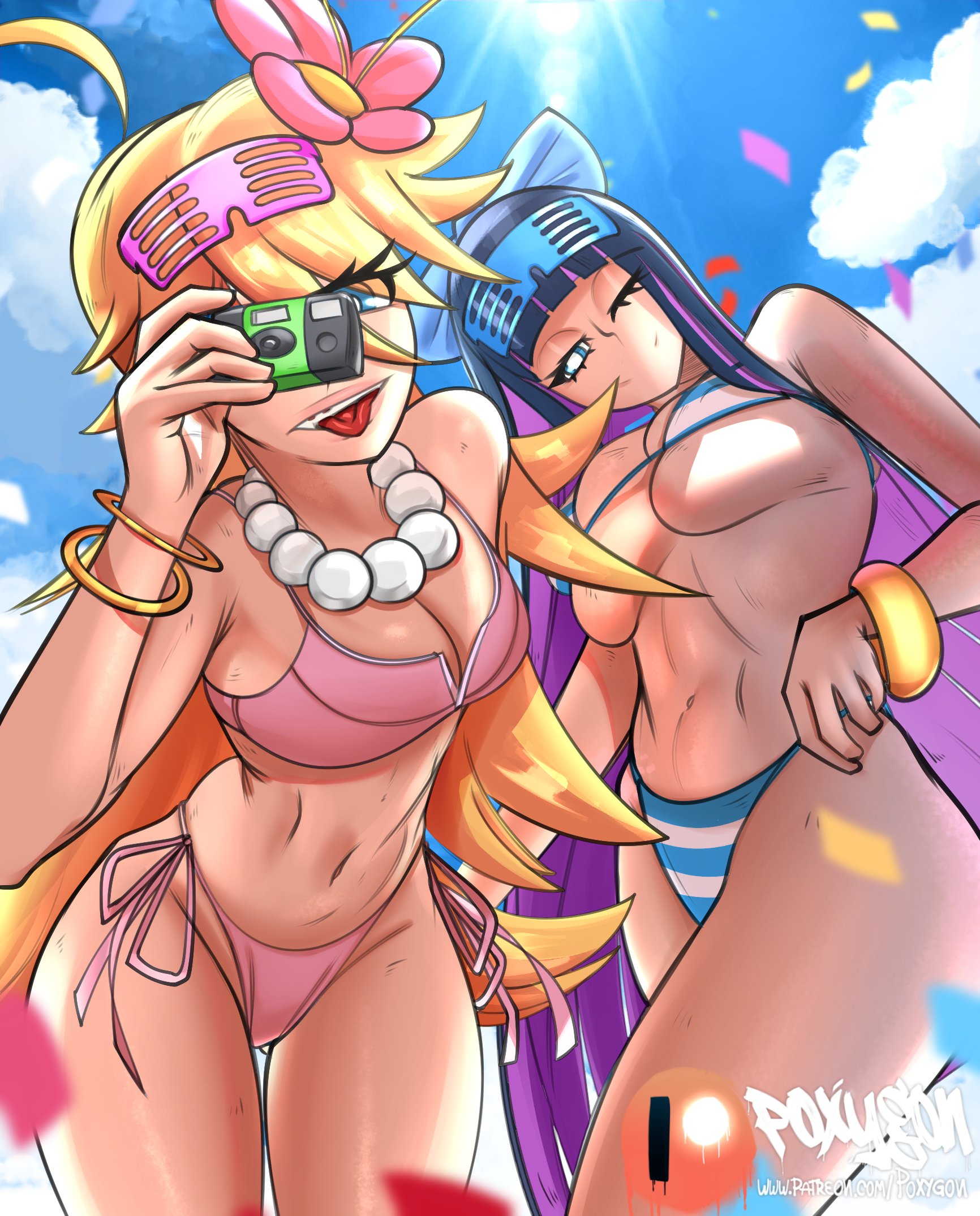 2022, 2girls, bangs, beach, big breasts, bikini, blonde female, blonde hair, bow, breasts, camera, clothed, clothing, duo, female, female only, goth, human, light skin, light-skinned female, long hair, looking at viewer, mostly nude, one eye closed, panties, panty & stocking with garterbelt, panty anarchy, pink hair, poxygon, standing, stocking anarchy, two-tone hair, underboob, wink