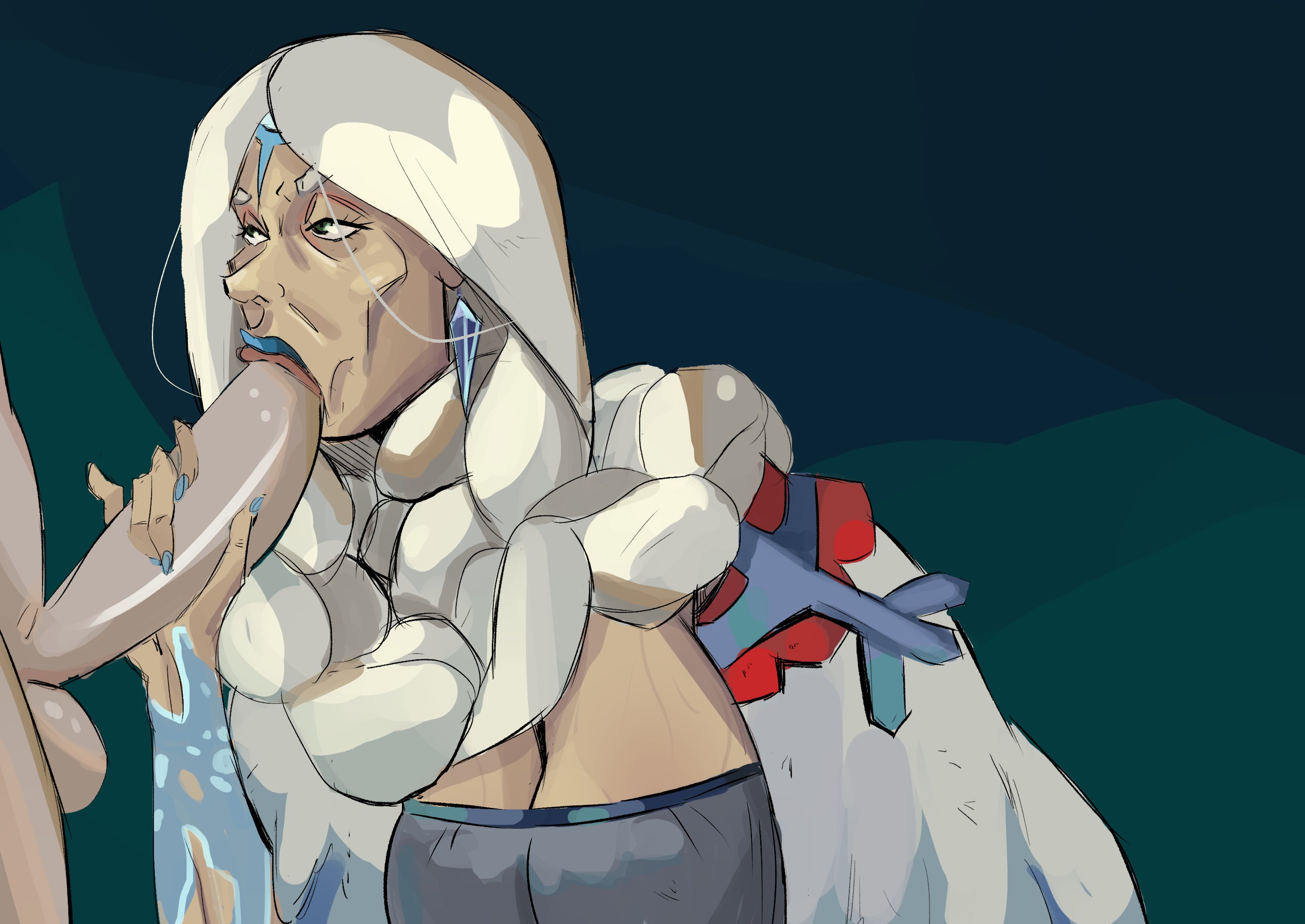 1boy, 1girls, balls, big breasts, big penis, blonde hair, blue lips, blue lipstick, braid, breasts, cleavage, clothed, clothed female, clothing, completely nude, deity, demeter, demeter (hades), earrings, eyelashes, fellatio, female, female focus, fully clothed, genitals, gilf, glistening, goddess, greek mythology, green eyes, hades (game), hair, hand on penis, light skin, light-skinned female, lipstick, long hair, long penis, male, mature female, nude, nude male, nudity, older female, oral, partial male, penis, penis grab, simple background, straight, thesquiddycipher, very long hair, white hair, wrinkles