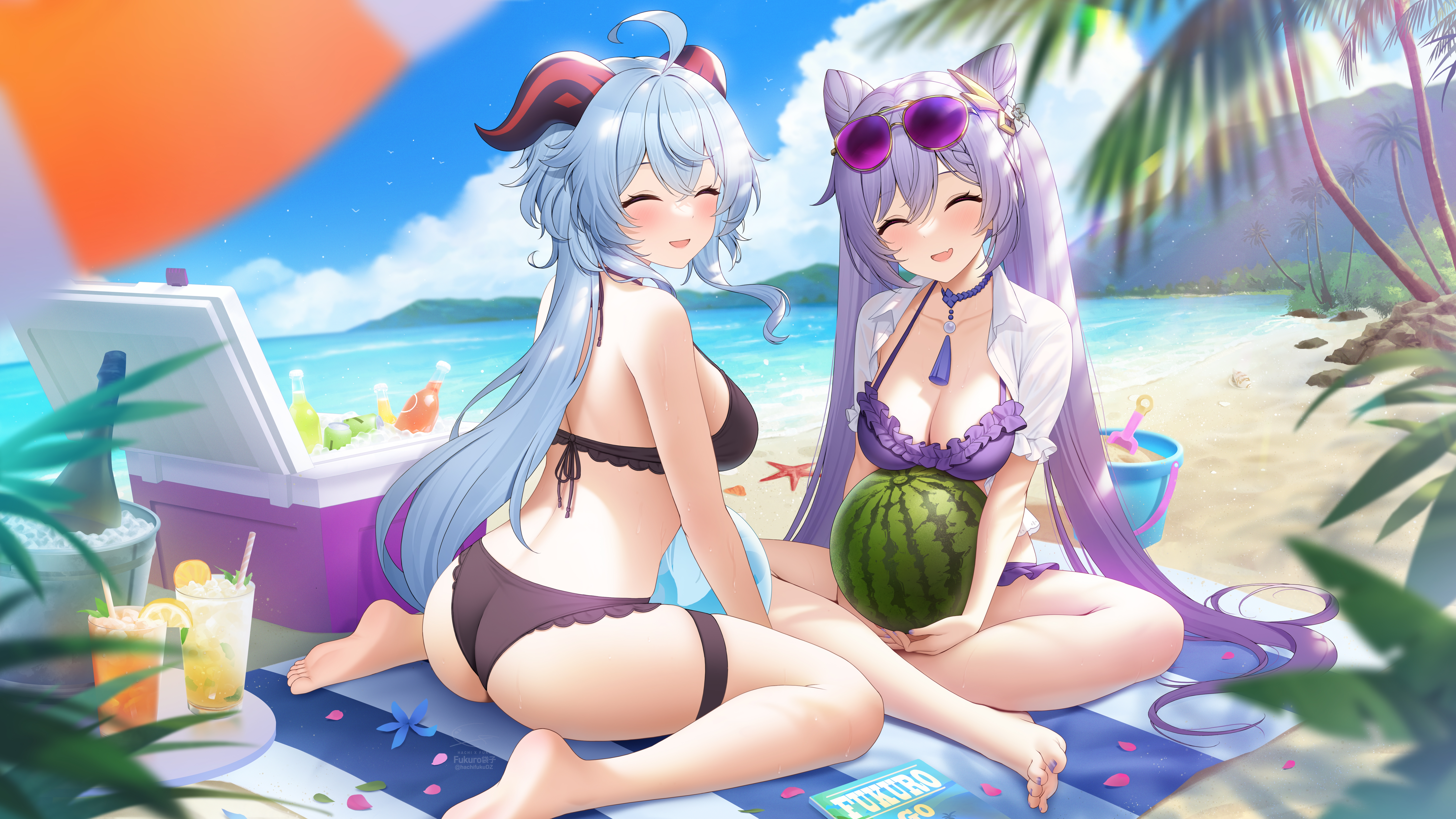 2girls, beach, closed eyes, female, female only, fukuro ko (greentea), ganyu (genshin impact), genshin impact, happy, highres, keqing (genshin impact), light skin, light-skinned female, outdoors, smile, swimsuit, tagme, watermelon