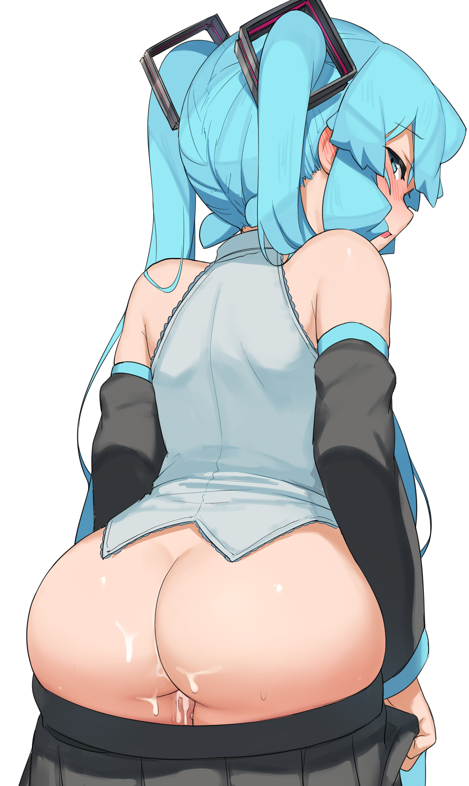 1girl, 1girls, abmayo, after sex, aqua eyes, aqua hair, ass, bangs, bare shoulders, big ass, big butt, black skirt, black sleeves, blush, bottomless, breasts, clothes pull, cum, cum in pussy, cum on ass, detached sleeves, eye contact, fat ass, female, female focus, female only, from behind, grey shirt, hair ornament, hatsune miku, light skin, light-skinned female, long hair, looking at viewer, looking back, no panties, open mouth, pleated skirt, pussy, shiny, shirt, simple background, skirt, skirt down, skirt pull, solo, standing, thick thighs, twintails, very long hair, vocaloid, white background