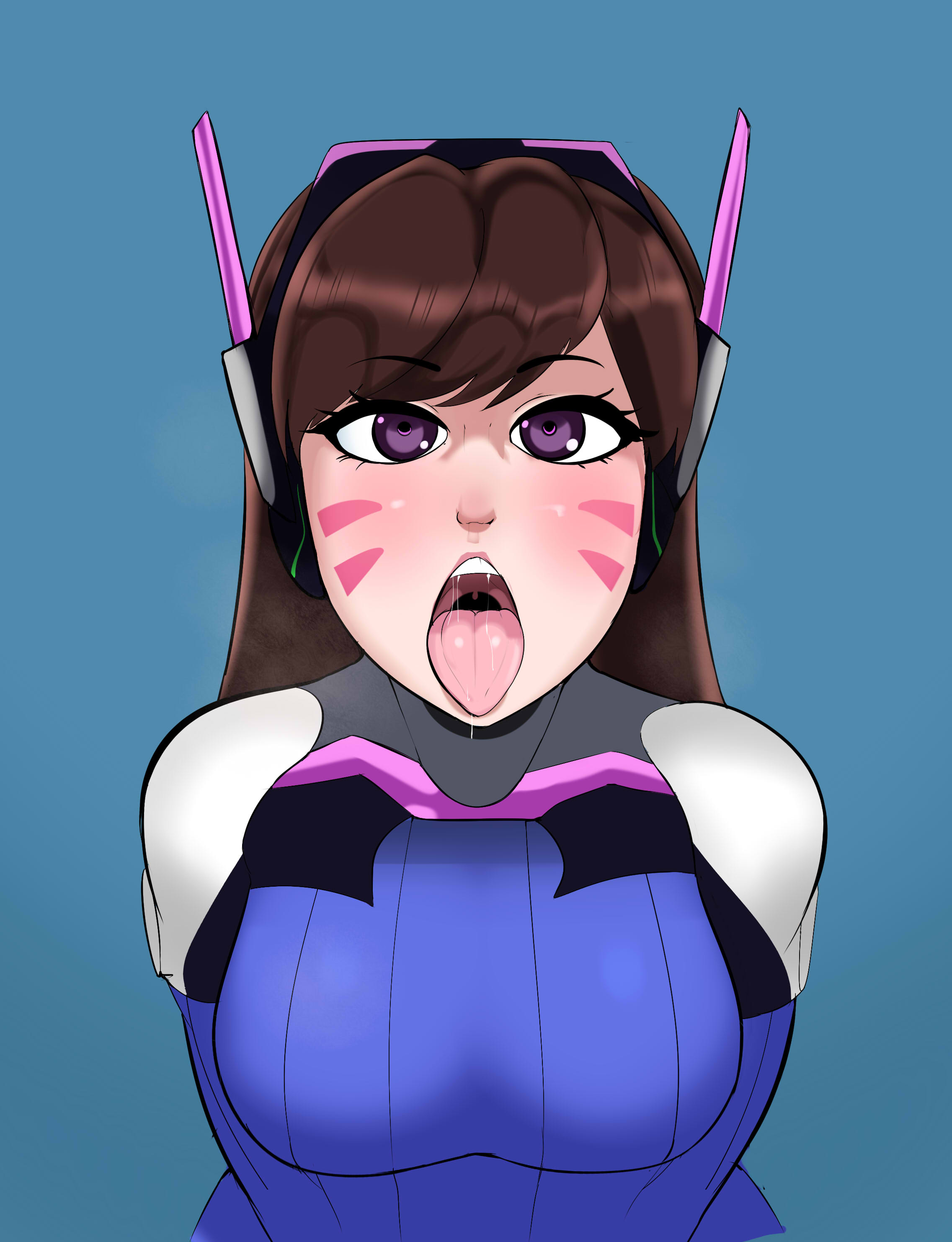1girls, breasts, brown hair, clothed, clothing, d.va, female, female only, g3mma, headphones, looking at viewer, mouth open, open mouth, overwatch, purple eyes, saliva, simple background, solo, solo female, tagme, tongue, tongue out