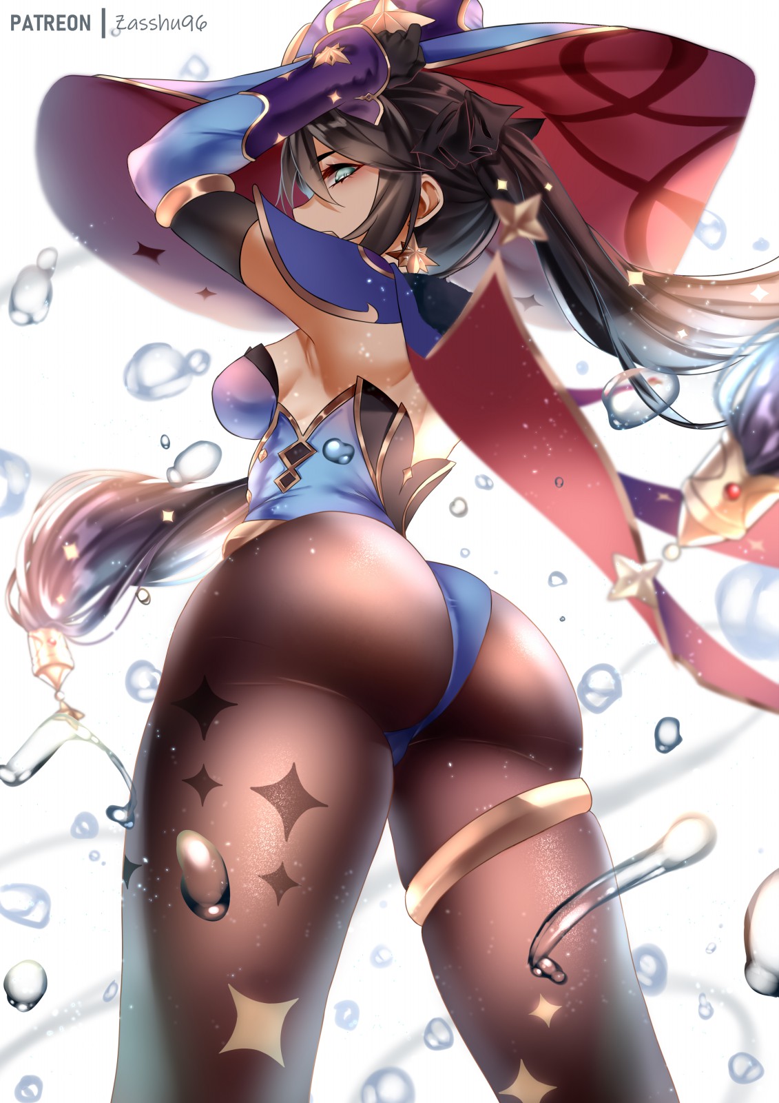 1girls, alternate version available, armwear, ass, ass focus, back view, big ass, black hair, blue eyes, breasts, clothing, female, female only, genshin impact, hat, headwear, huge ass, large ass, leggings, legs, legwear, leotard, looking back, medium breasts, mona (genshin impact), sideboob, solo, solo female, thick thighs, thighs, twintails, witch hat, zasshu96