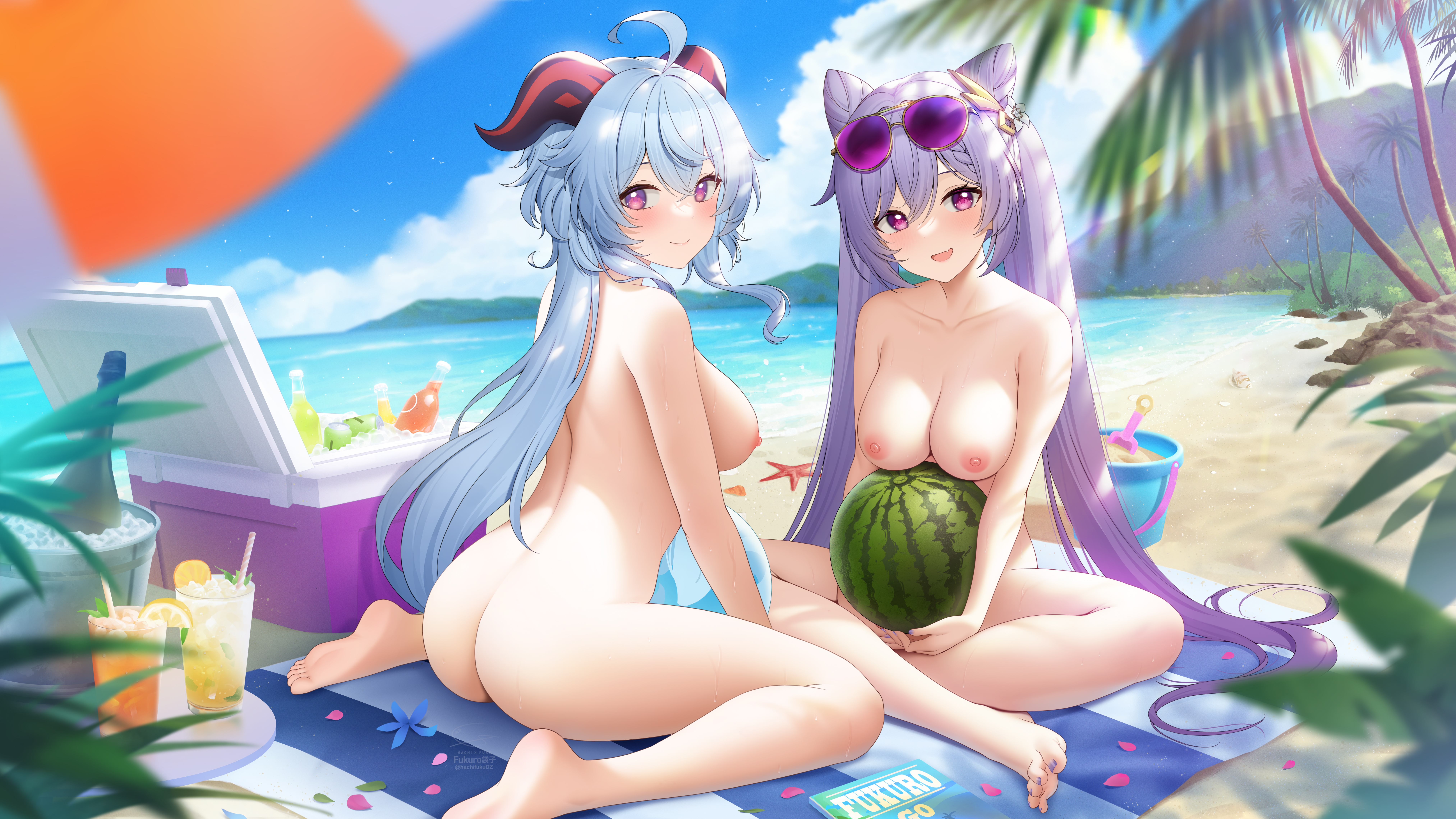 2girls, areolae, beach, big breasts, breasts, completely nude, female, female only, fukuro ko (greentea), full body, ganyu (genshin impact), genshin impact, highres, keqing (genshin impact), light skin, light-skinned female, multiple females, multiple girls, naked, naked female, nipples, nude, nude female, outdoors, tagme