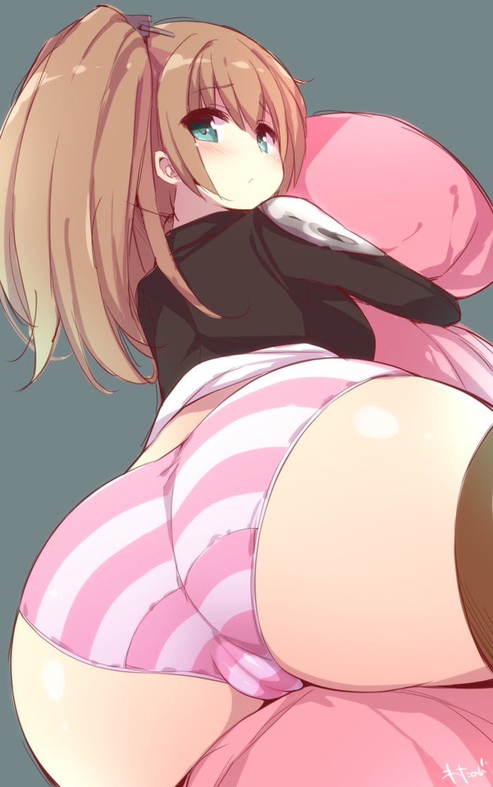 1girls, brown hair, cameltoe, female, green eyes, panties, pink panties, pussy, striped panties, twintails, white panties