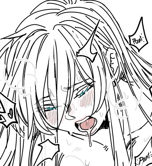 1girls apteraclytia bedroom_eyes close-up female female_focus futanari human long_hair monochrome orgasm_face original saliva sketch solo_focus sweat