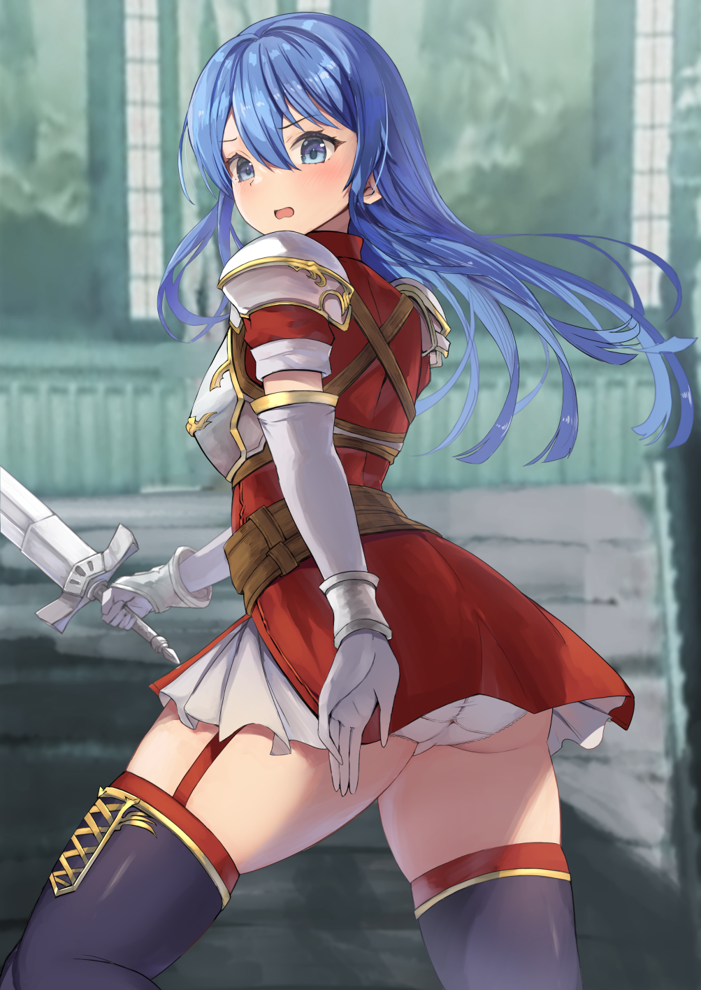 1girls angry arm_guards armor ass bangs bare_thighs big_ass black_thighhighs blue_eyes blue_hair blush breastplate caeda_(fire_emblem) covering dress elbow_gloves embarrassed feet_out_of_frame female female_only fire_emblem fire_emblem:_mystery_of_the_emblem fire_emblem:_shadow_dragon_and_the_blade_of_light garter_straps gloves hair_between_eyes highres holding holding_sword holding_weapon long_hair nintendo open_mouth panties pantyshot pantyshot_(standing) red_dress short_dress short_sleeves shoulder_armor solo sword thick_thighs thighhighs thighs underwear upskirt v-shaped_eyebrows weapon white_gloves white_panties yuzuruka_(bougainvillea)