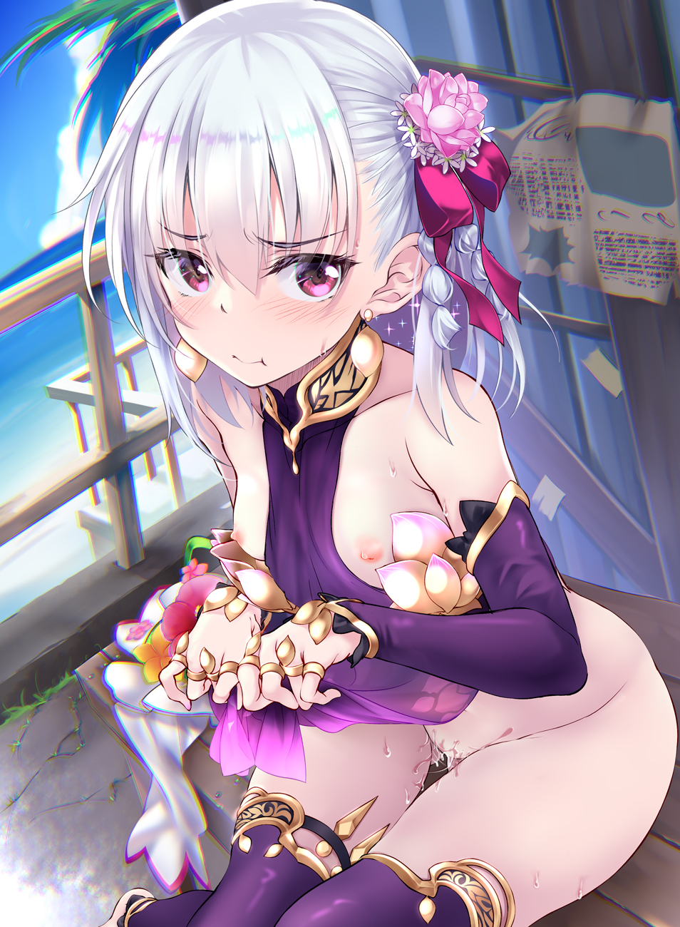 armlet armor bangs bare_shoulders bikini_armor blush bracelet breasts breasts_out collar detached_sleeves dress earrings fate/grand_order fate_(series) female floral_print flower hair_flower hair_ornament hair_ribbon highres hitsujibane_shinobu jewelry kama_(fate) looking_at_viewer metal_collar miniskirt nipples pelvic_curtain purple_dress purple_skirt purple_sleeves purple_thighhighs pussy pussy_juice red_eyes ribbon ring short_hair sitting skirt small_breasts solo thighhighs thighlet thighs white_hair