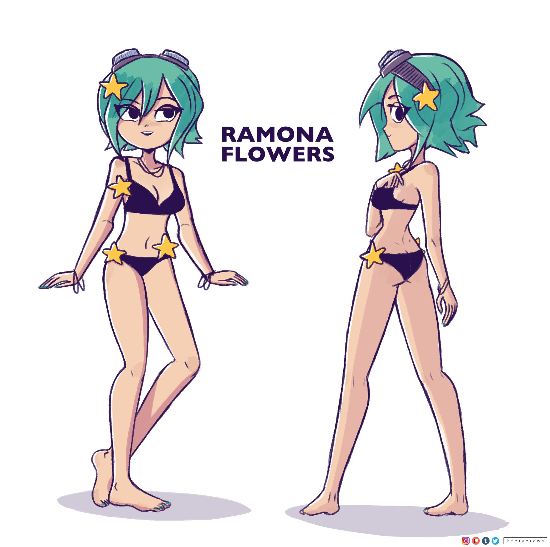 1girls, black eyes, black underwear, female, female artist, goggles, goggles on head, green hair, hair ornament, keetydraws, kt-draws, panties, ramona flowers, scott pilgrim, short hair, star, underwear