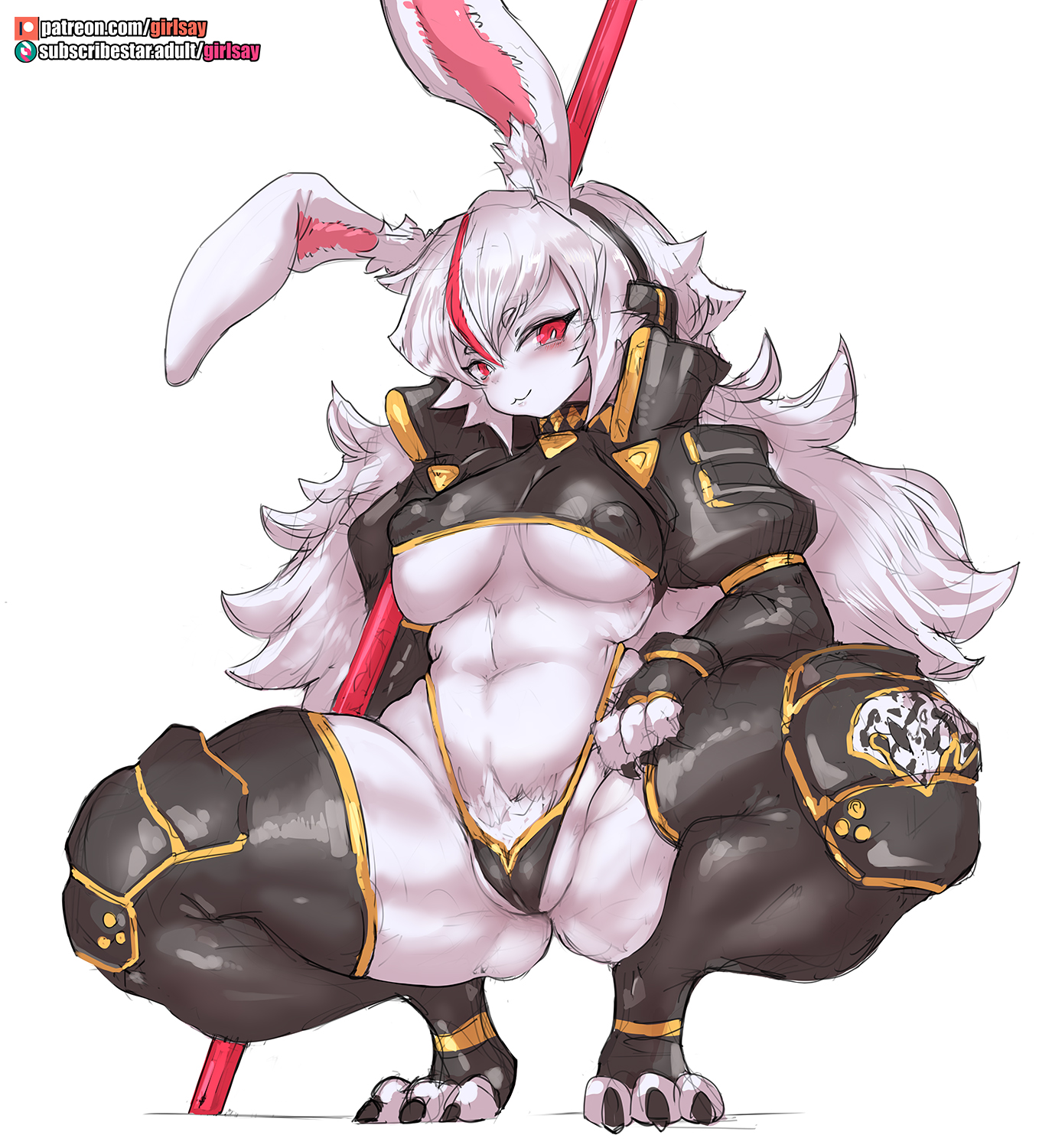 2022, anthro, areolae visible through clothing, armor, ass, ass visible through thighs, big breasts, breasts, crouching, digital media (artwork), eyebrows, eyelashes, female, female only, furry, furry female, furry only, girlsay, hair, hand on thigh, long hair, looking at viewer, mammal, mammal humanoid, multicolored hair, navel, nipples visible through clothing, no humans, original character, patreon, patreon logo, patreon username, paws, pubic hair, red eyes, red hair, ruby (girlsay), smile, smiling at viewer, solo, solo female, squatting, staff, subscribestar, subscribestar logo, tagme, thick thighs, thong, underboob, white background, white eyebrows, white hair, white pupils