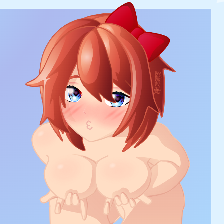 :3 blue_eyes blush bow breasts doki_doki_literature_club grabbing_own_breast hairbow heart-shaped_pupils holding_breast just_sayori red_bow red_hair_bow sayori_(doki_doki_literature_club) stredia wip