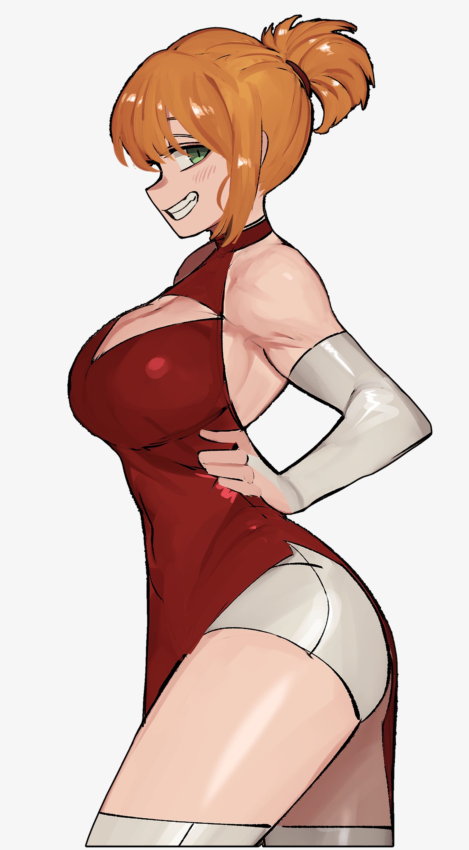 big breasts, boob window, breasts, female, green eyes, manobece, orange hair, red dress, tagme