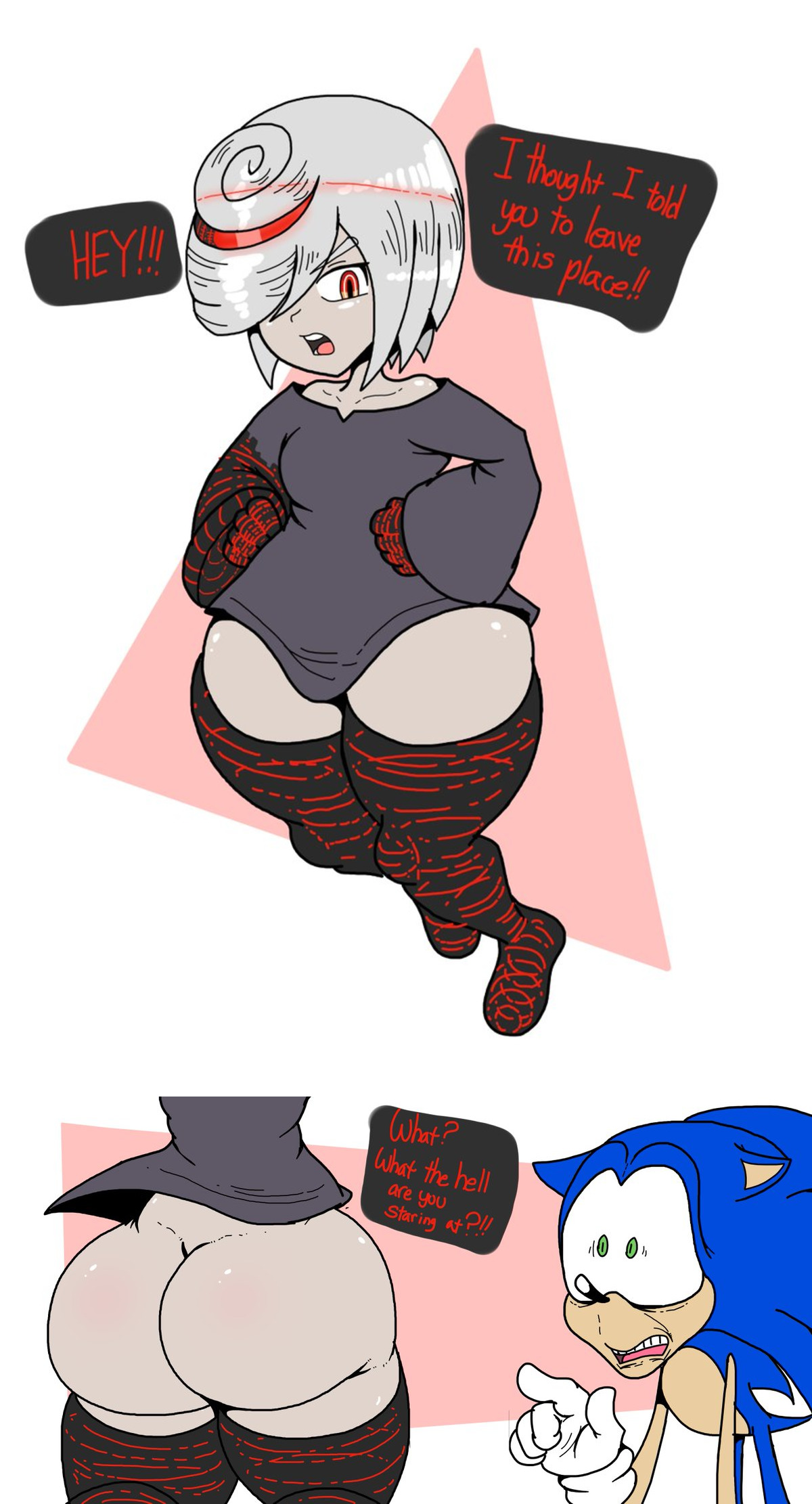 1boy, 1girls, 2022, 5 fingers, aged up, ass, big ass, black dress, blue fur, blue quills, bottomless, bottomless female, breasts, comedy, cute, dialogue, dress, english, english text, female, funny, gloves, green eyes, humor, male, male anthro/female human, mobian, mobian (species), mobian hedgehog, no panties, pale skin, poopishness, red eyes, red hair, sage (sonic frontiers), sage (sonic), sega, shocked, shortstack, small breasts, sonic (series), sonic frontiers, sonic the hedgehog, sonic the hedgehog (series), stockings, tagme, white gloves, white hair