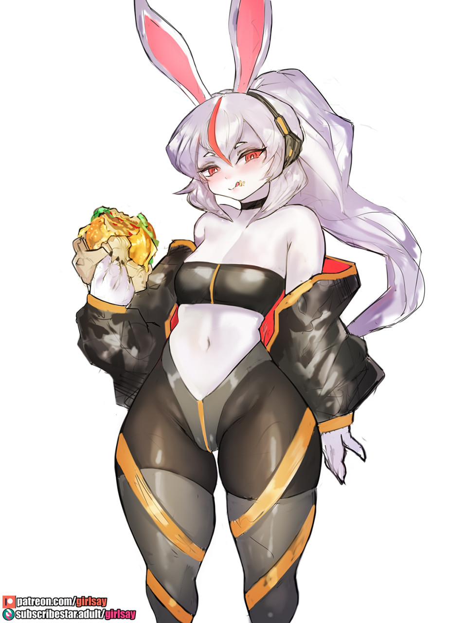 1girls, 2022, anthro, artist name, blush, breasts, burger, clothed, clothed female, digital media (artwork), eating, eyebrows, eyelashes, female, female only, food, furry, furry female, furry only, girlsay, hair, jacket, lagomorph, lagomorph humanoid, long hair, looking at viewer, mammal, mammal humanoid, multicolored hair, navel, original character, patreon, patreon logo, patreon username, ponytail, rabbit, rabbit humanoid, red eyes, red hair, ruby (girlsay), simple background, small breasts, solo, solo female, standing, subscribestar, subscribestar logo, subscribestar username, tagme, thick thighs, thighhighs, tongue, tongue out, white background, white body, white eyebrows, white hair, white pupils, white sclera