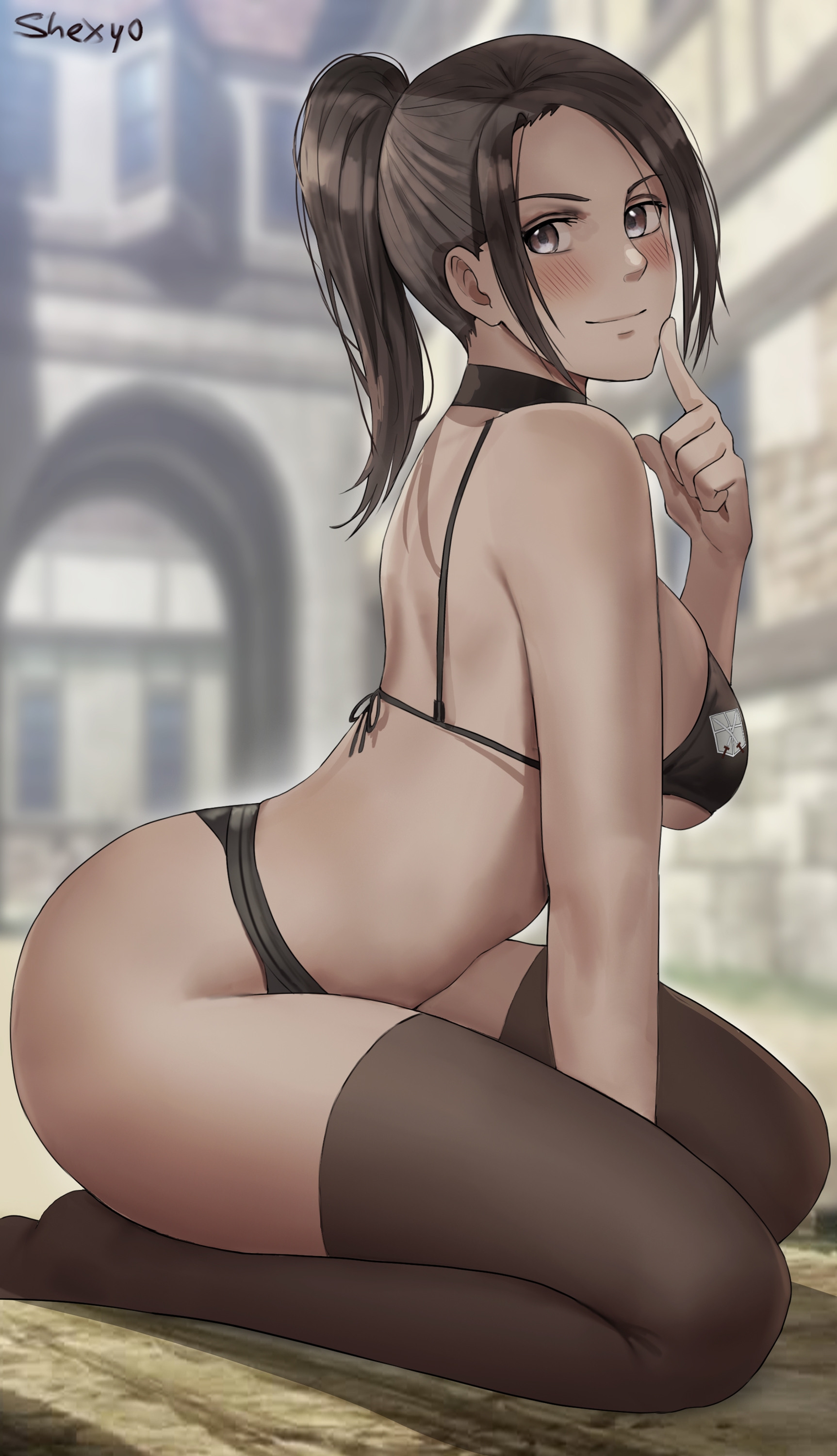 1girls, 2022, 2d, 2d (artwork), absurd res, artist name, artist signature, ass, attack on titan, bikini, black bikini, blurry background, blush, breasts, brown eyes, brown hair, brown-haired female, female, female only, hartman hips, hips, huge ass, huge breasts, human, human only, kneeling, light skin, light-skinned female, long hair, looking at viewer, outdoors, pinup, ponytail, pose, posing, post-timeskip, questionable, sasha braus, shexyo, shingeki no kyojin, side view, sideboob, slim waist, smile, solo, solo female, thick thighs, thighhighs, thighs, wide hips