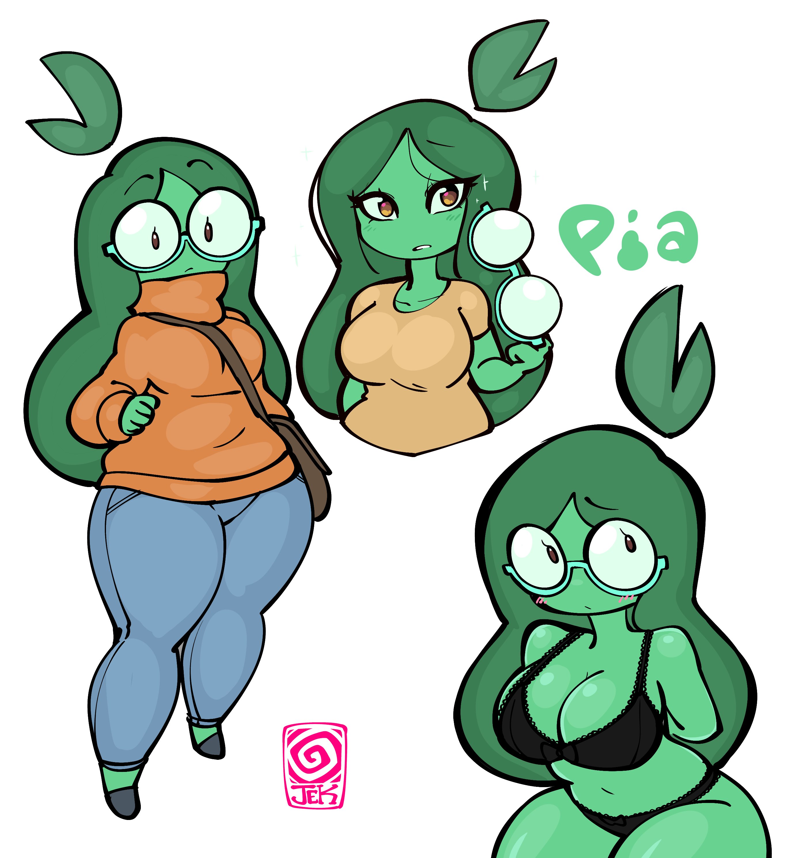 big breasts, breasts, cleavage, clothed, clothing, eyewear, female, glasses, green hair, green skin, jek korpen, pia (jek korpen)
