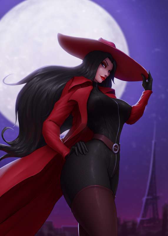 1girls ass barretxiii belt big_breasts black_bodysuit black_hair bodysuit breasts carmen_sandiego censored clothing curvaceous curves curvy_figure edit eiffel_tower female full_moon fully_clothed gloves hand_on_hip hips hourglass_figure long_hair looking_back makeup moon nipples pinup red_clothing red_coat red_hat red_lipstick seductive skin_tight slender_waist smiling solo thief thigh_highs tipping_hat walking where_in_the_world_is_carmen_sandiego zipper