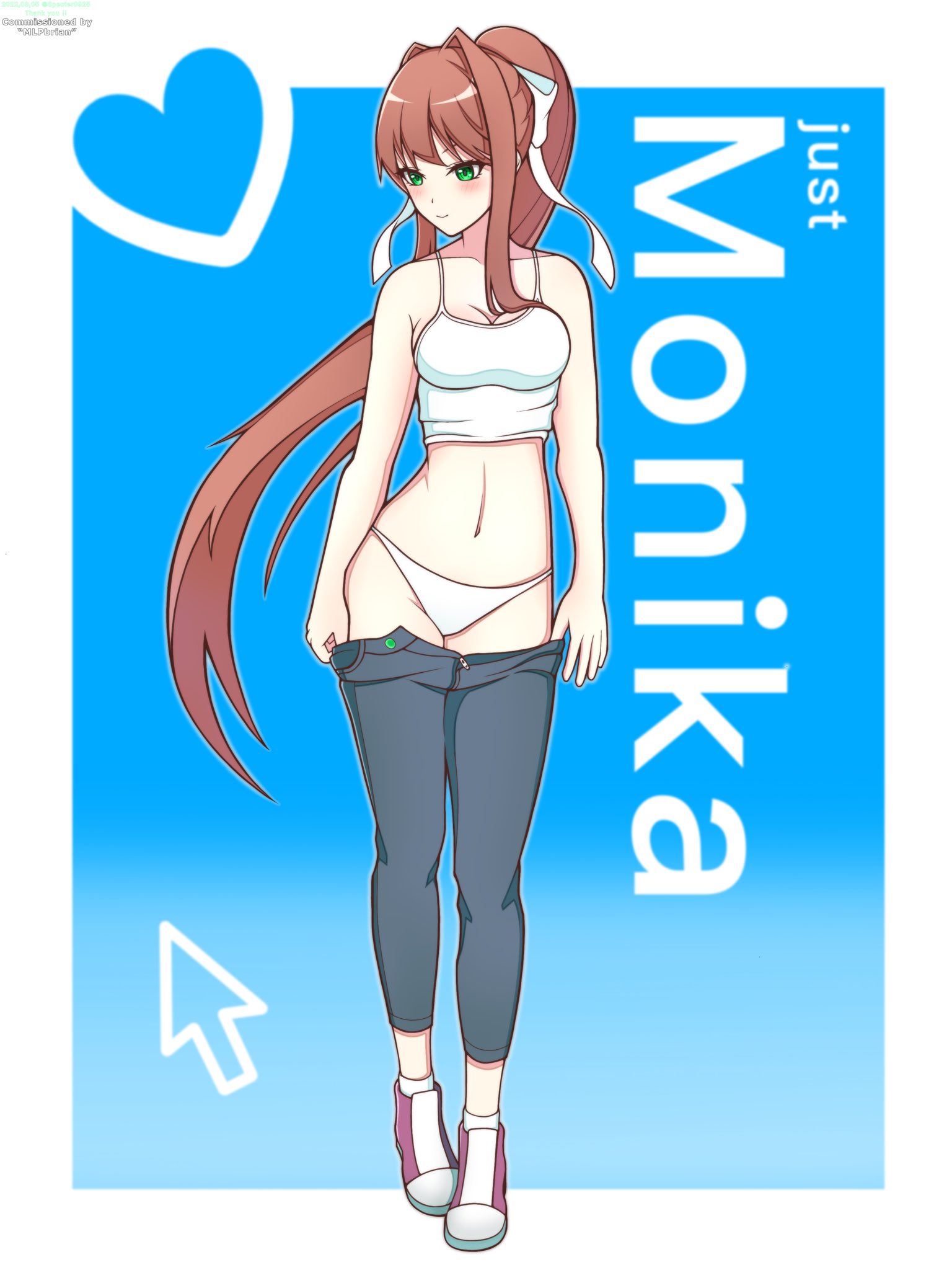 1girls, breasts, commission, doki doki literature club, english text, female, green eyes, long hair, monika (doki doki literature club), navel, panties, shoes, solo, solo female, taking clothes off, tank top, text, white panties