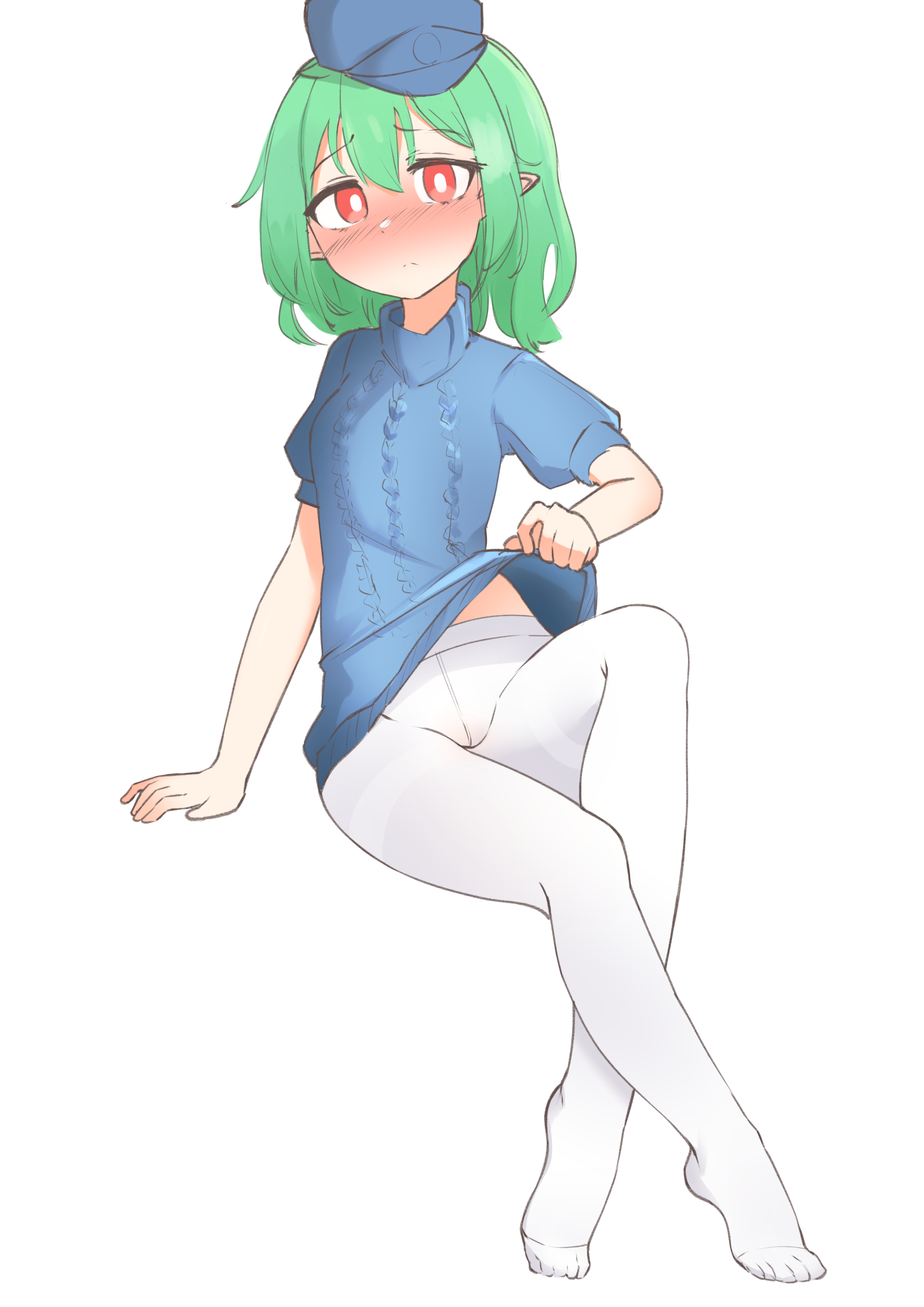1girls, asu-57, asu-57 (daebom), blue sweater, blush, blushing, breasts, clothed, clothes, clothing, daebom, female, female only, green hair, lifted shirt, light skin, light-skinned female, looking at viewer, orange eyes, pantyhose, personification, petite, pointy ears, red eyes, short hair, simple background, sitting, small breasts, solo, sweater, sweater lift, war thunder, white background, white legwear, white panties, white pantyhose